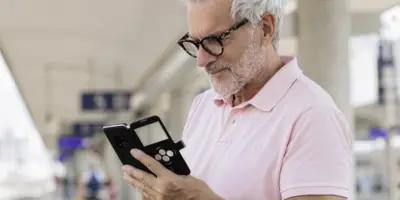 Ein älterer Mann mit Brille und rosa Polohemd schaut in einem verschwommenen Innenbereich auf sein Smartphone.