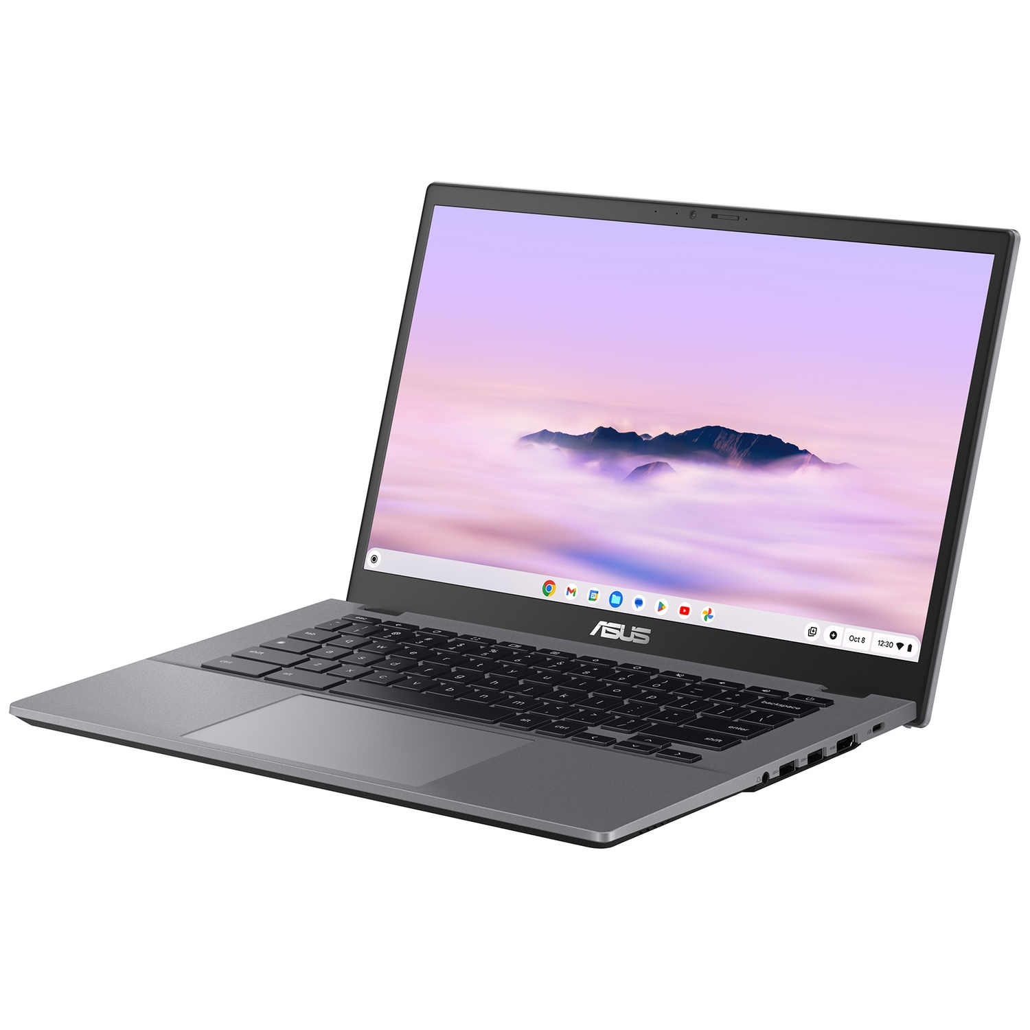Een grijze Asus laptop met een open scherm toont een berglandschap achtergrond.
