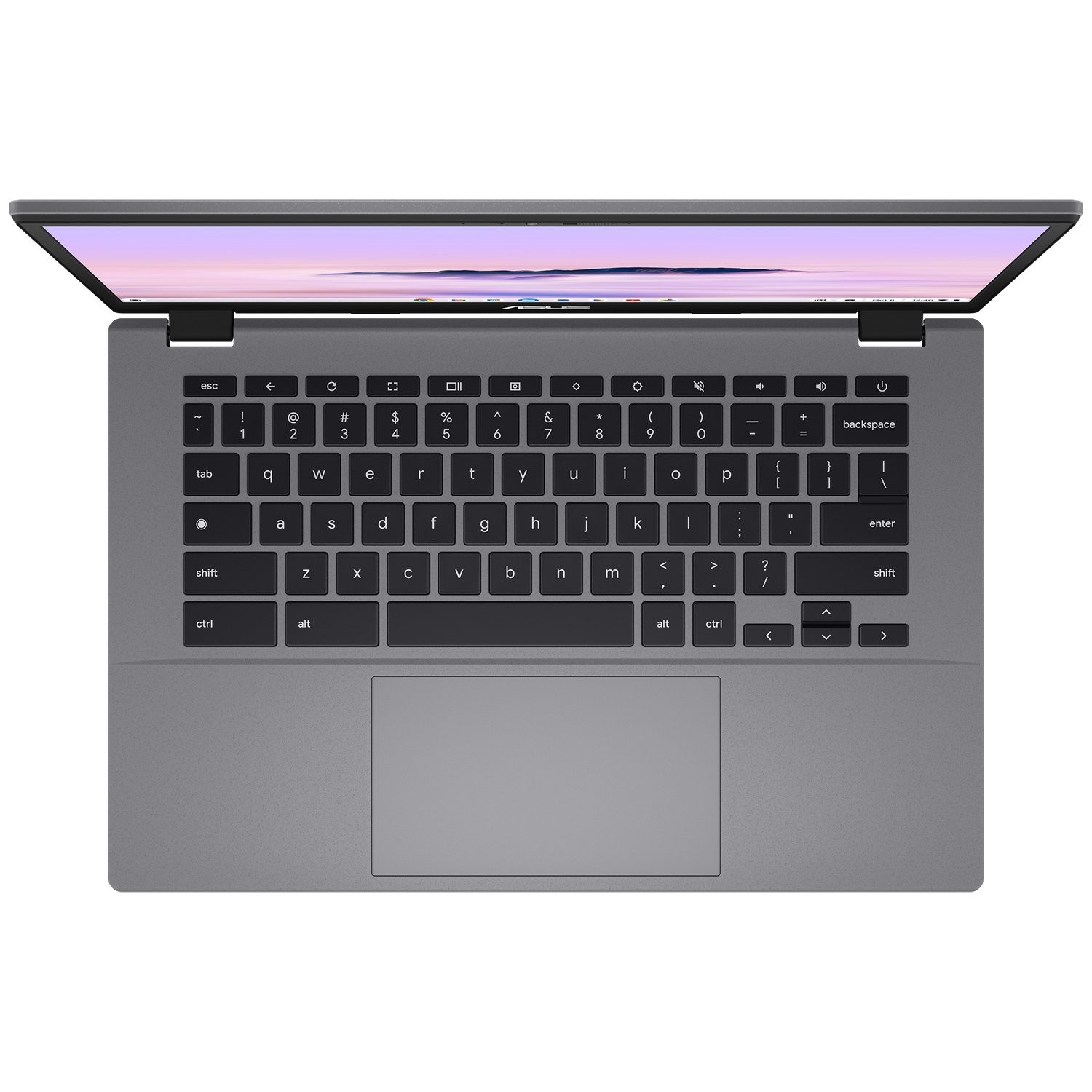 Bovenaanzicht van een grijze laptop met toetsenbord en scherm.