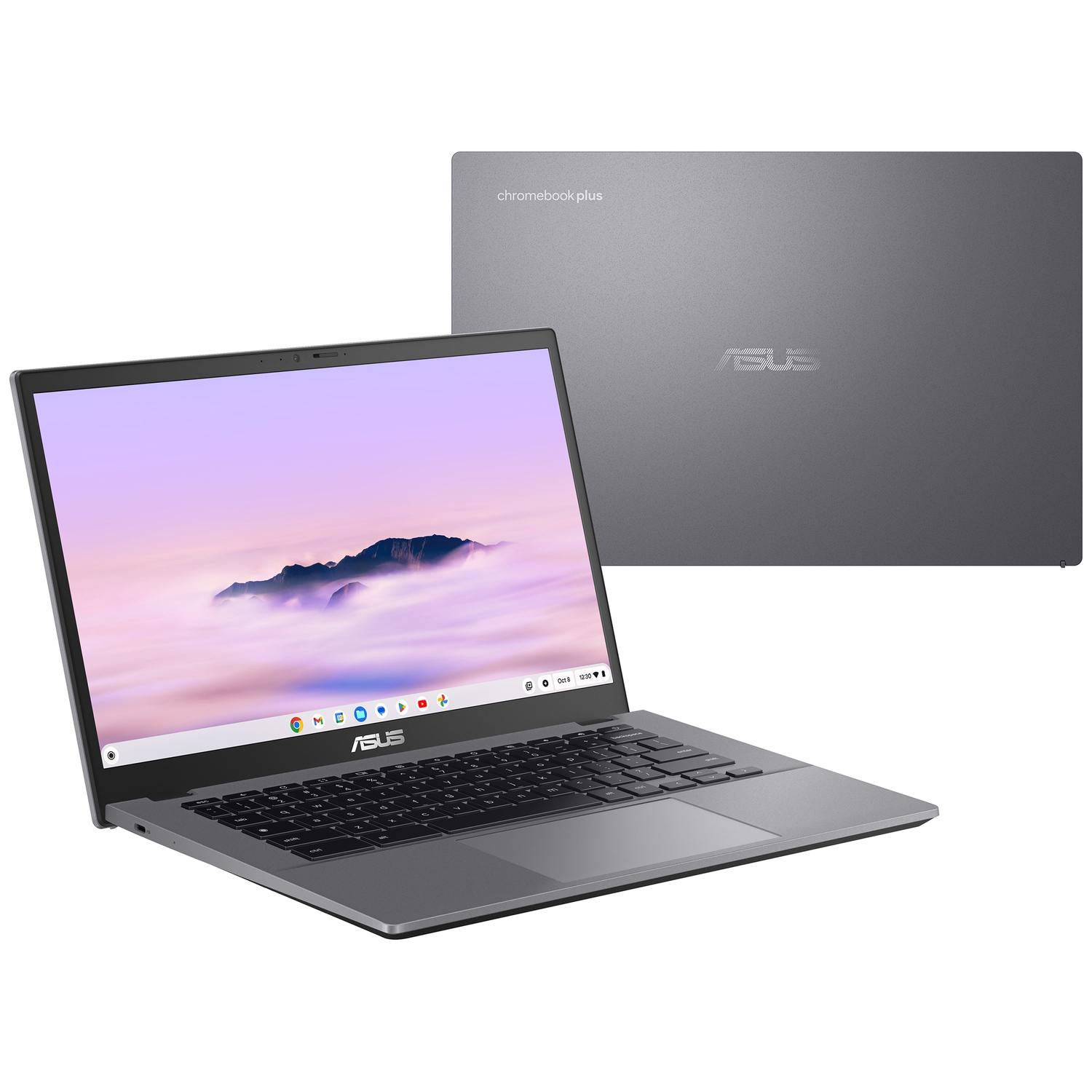 Grijze Asus Chromebook Plus laptop open met bergachtergrond en gesloten deksel met het Asus-logo.