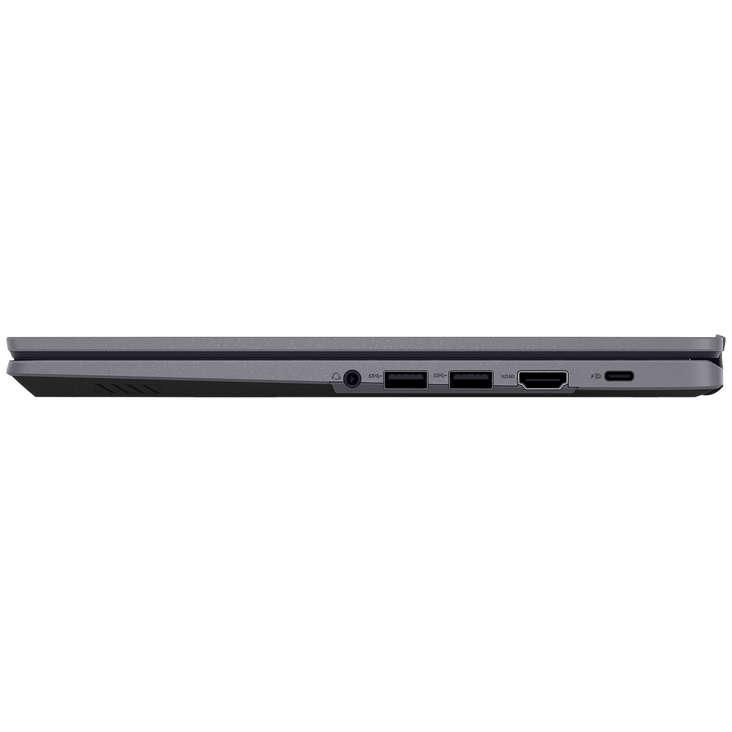 Zijaanzicht van een grijze laptop met koptelefoonaansluiting, twee USB-poorten, HDMI-poort en USB-C-poort.