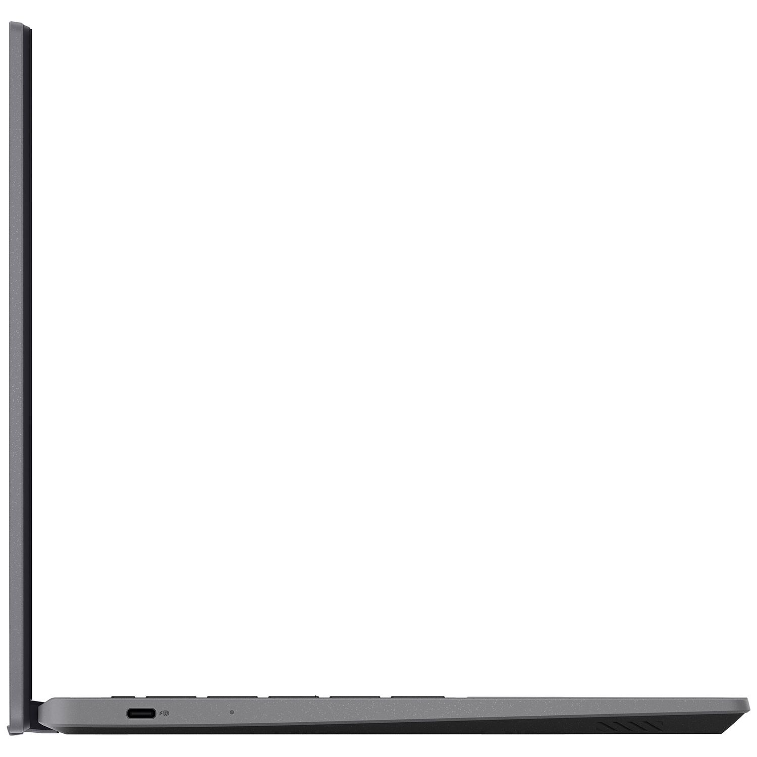 Zijaanzicht van een dunner grijs laptop met USB-C-poort en toetsenbord tegen een witte achtergrond.
