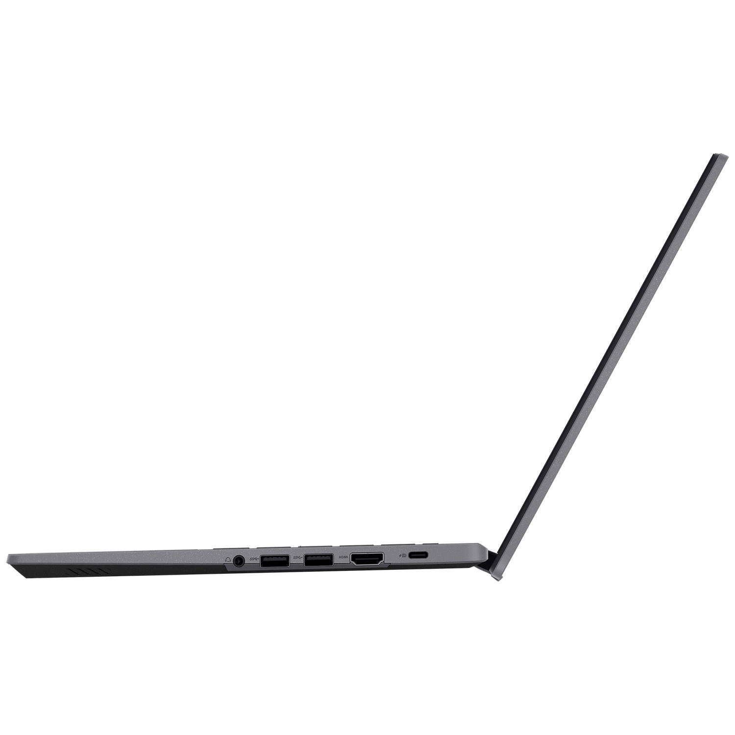 Zijaanzicht van een grijze laptop met zichtbare USB-, HDMI- en audiopoorten.