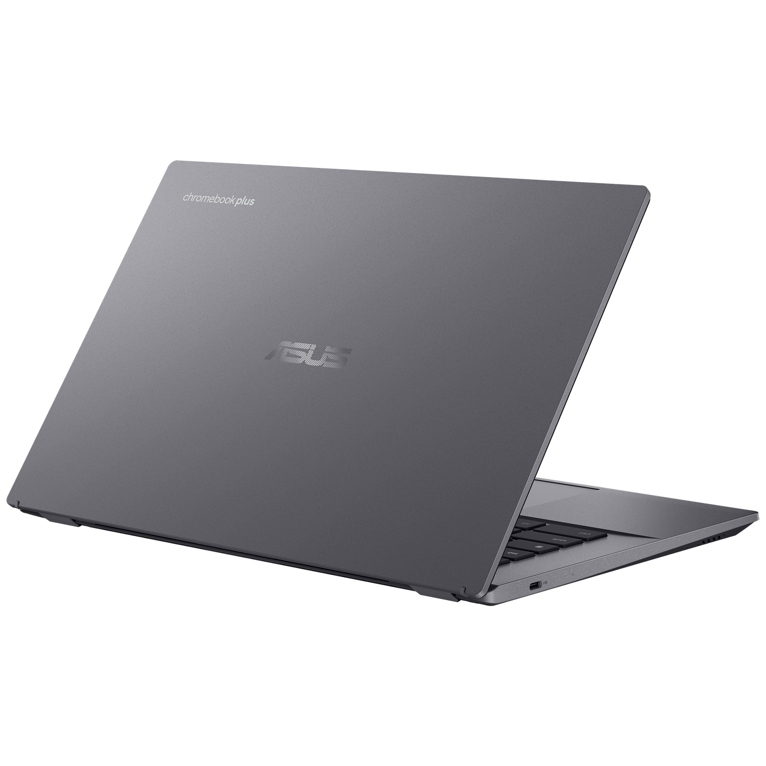 Een grijze ASUS Chromebook Plus laptop van achteren, naar rechts gekanteld tegen witte achtergrond.