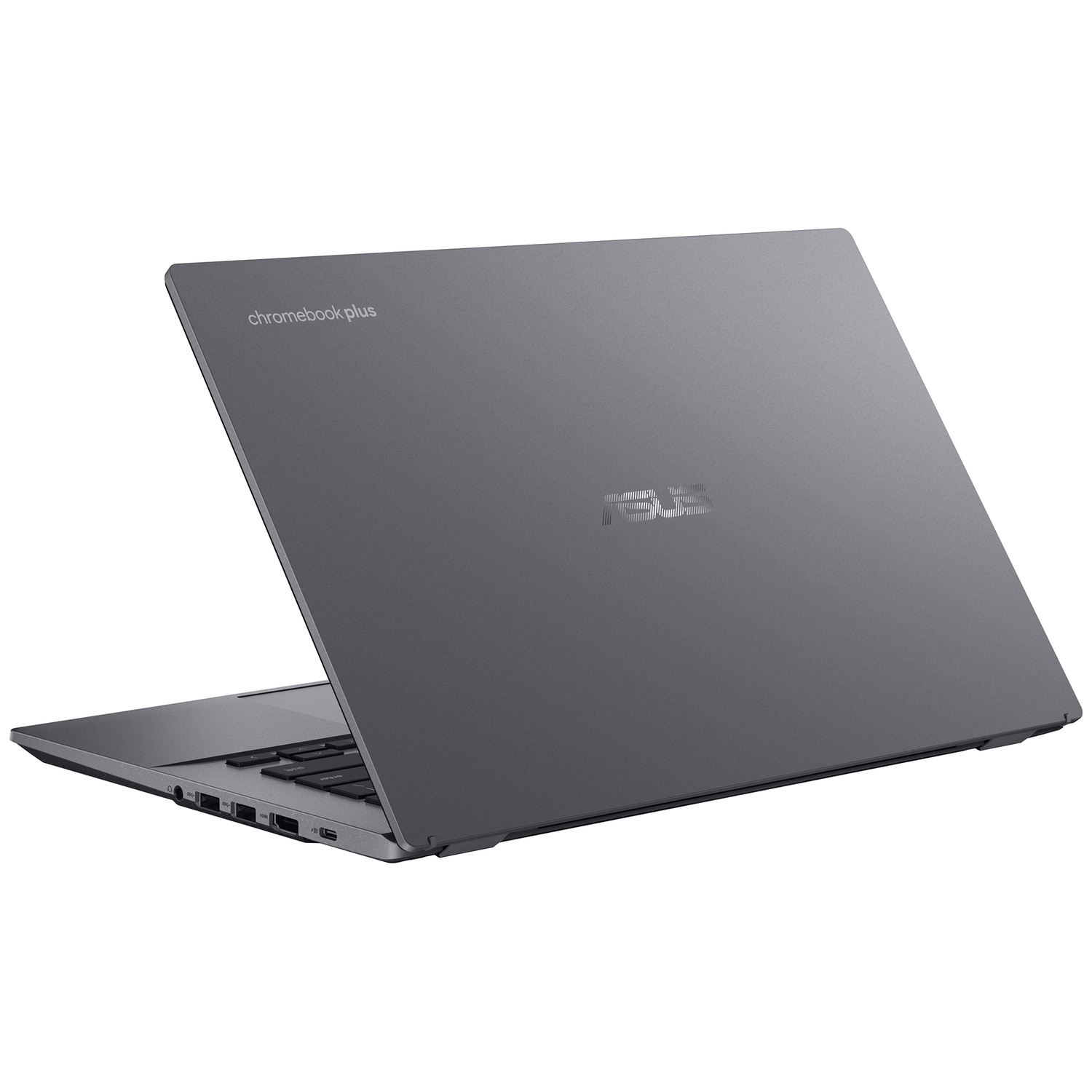 Grijze Asus Chromebook Plus laptop in halfopen positie tegen een witte achtergrond.