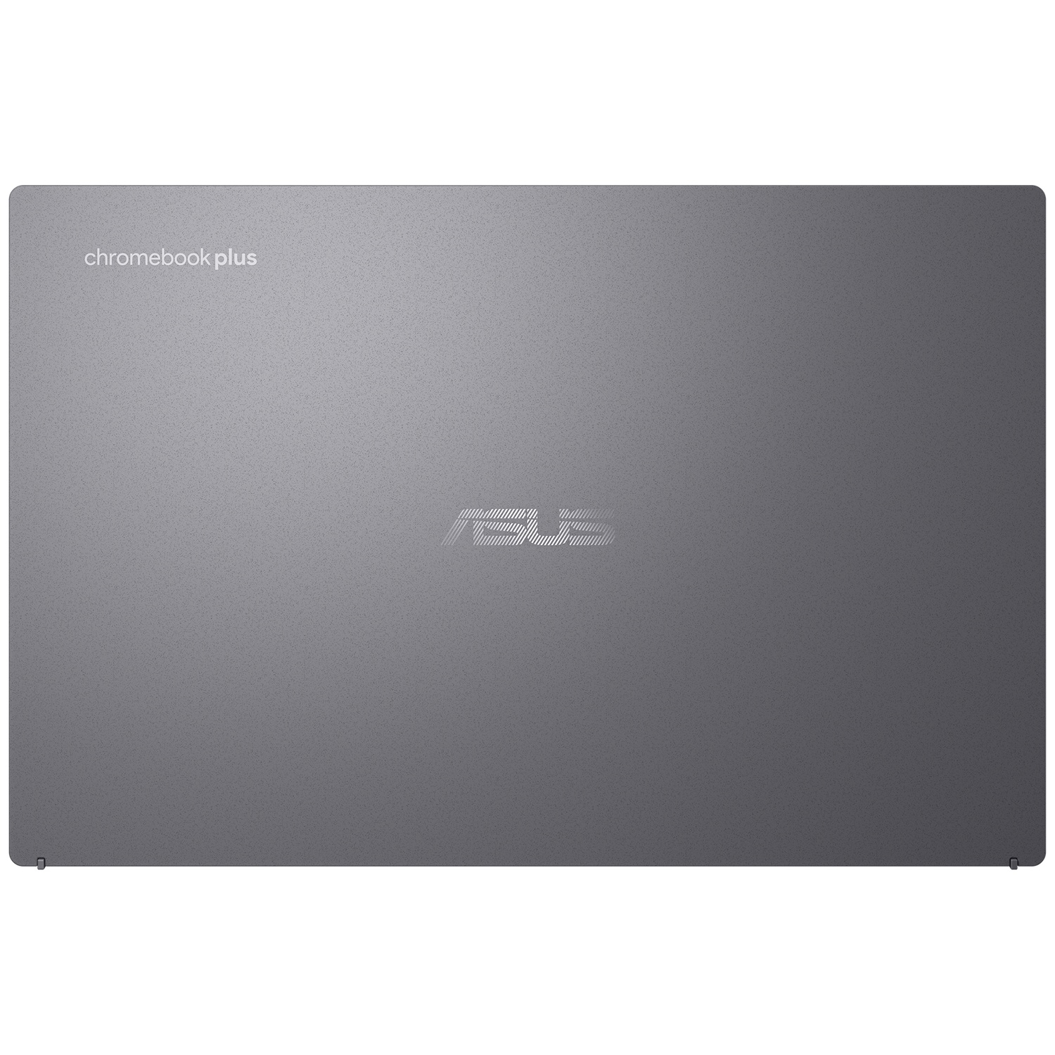 Grijze Asus Chromebook Plus laptop van bovenaf, met het ASUS-logo in het midden en Chromebook Plus links.