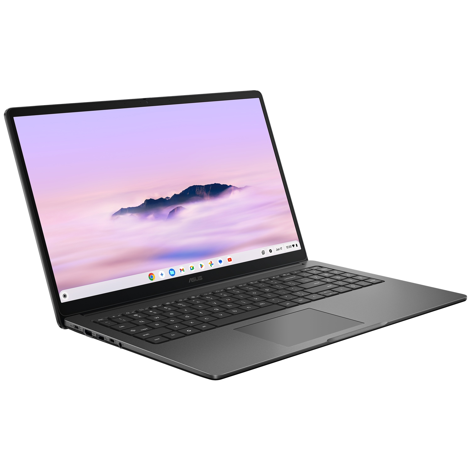 Een grijze Asus-laptop met een open scherm toont een berglandschap boven wolken tegen een witte achtergrond.