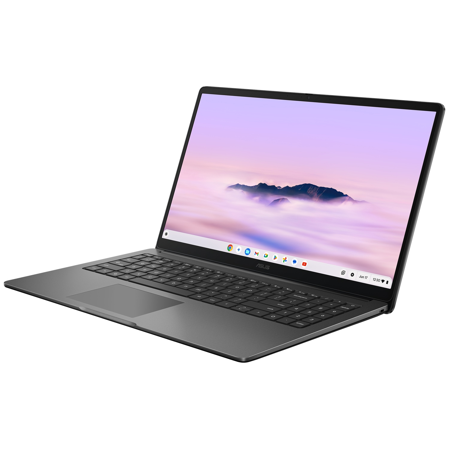 Een open, donkergrijze Asus-laptop toont een berglandschap achtergrond op een witte achtergrond.