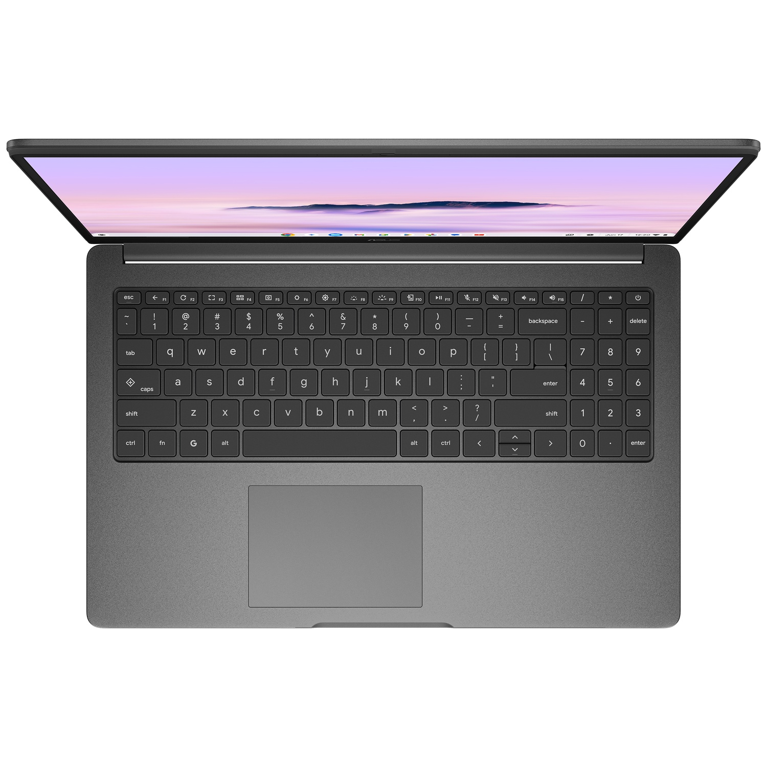 Bovenaanzicht van een grijze laptop met een toetsenbord en een scherm met een rustig landschapsbehang.