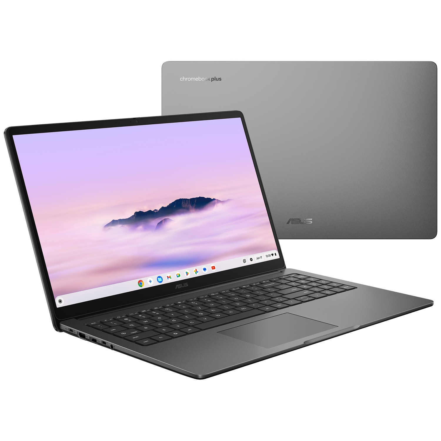 Grijze Asus Chromebook Plus laptop van voren en achteren getoond.