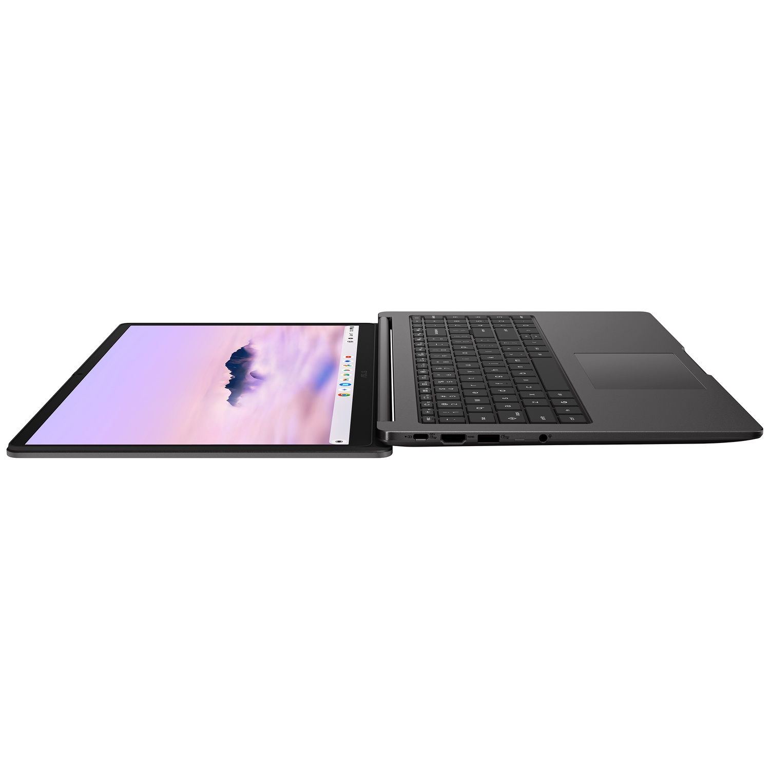 Een open donkergrijze laptop ligt plat op een wit oppervlak en toont een kleurrijke achtergrond.