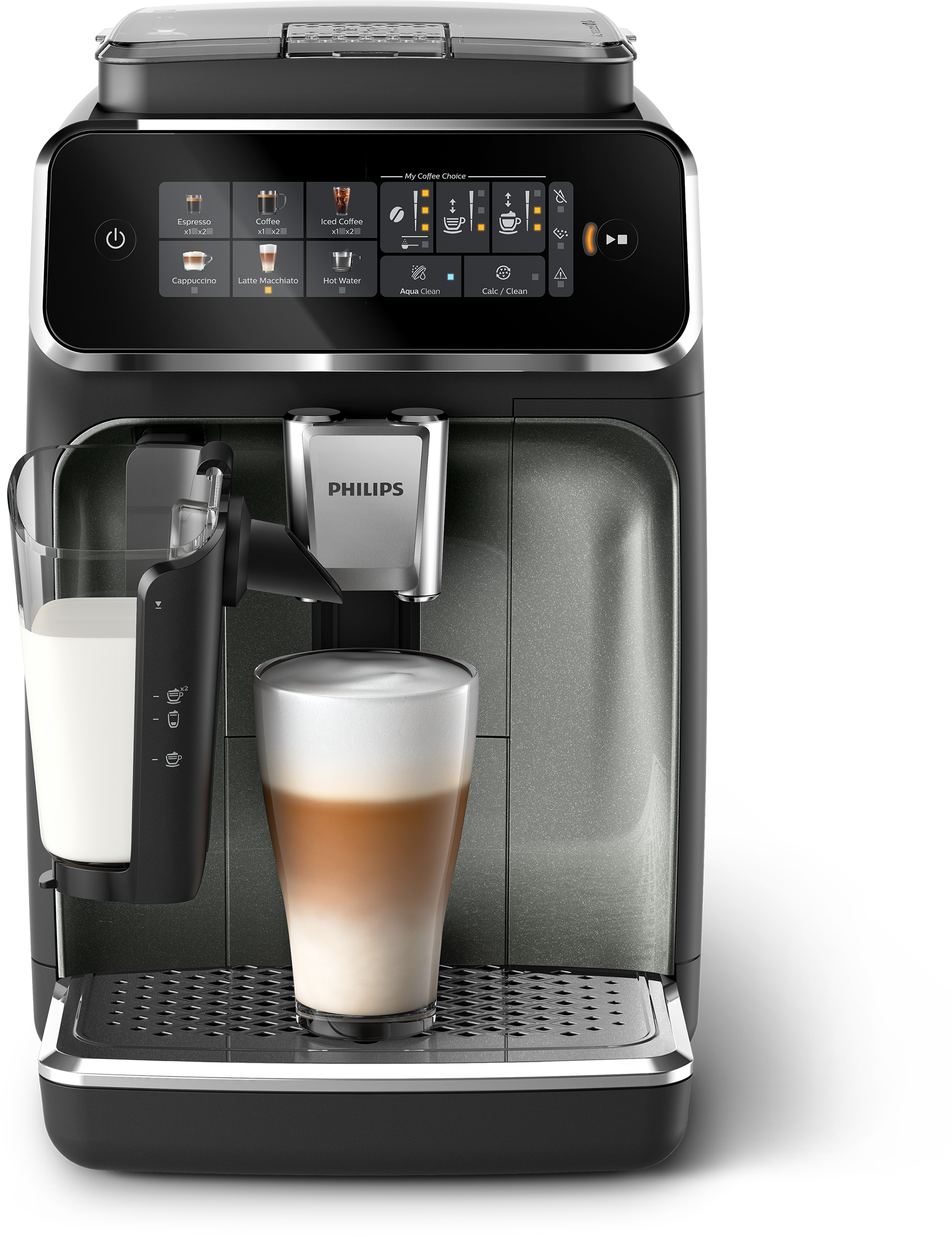 Philips teljesen automata kávéfőző érintőképernyővel, tejtartállyal és egy pohár latte macchiatóval.