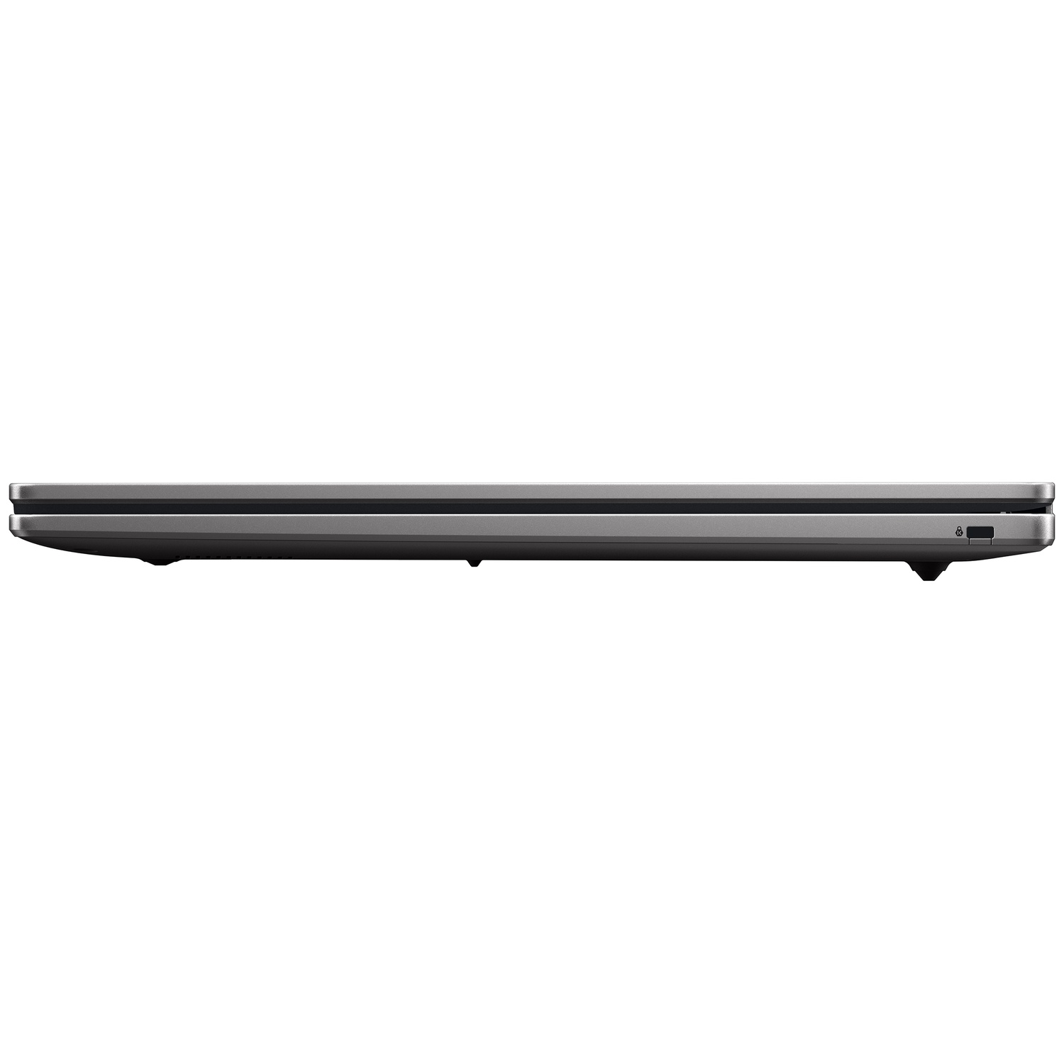 Zijaanzicht van een gesloten grijze laptop met een kleine poort aan de rechterkant.