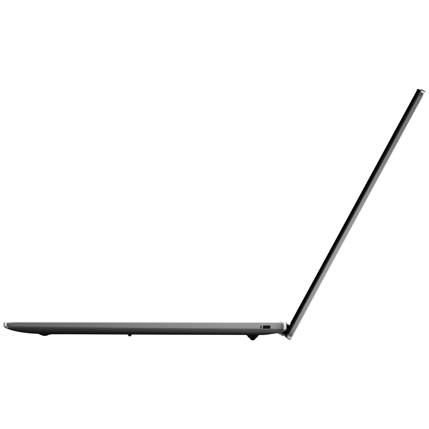 Zijaanzicht van een moderne open laptop op een witte achtergrond.