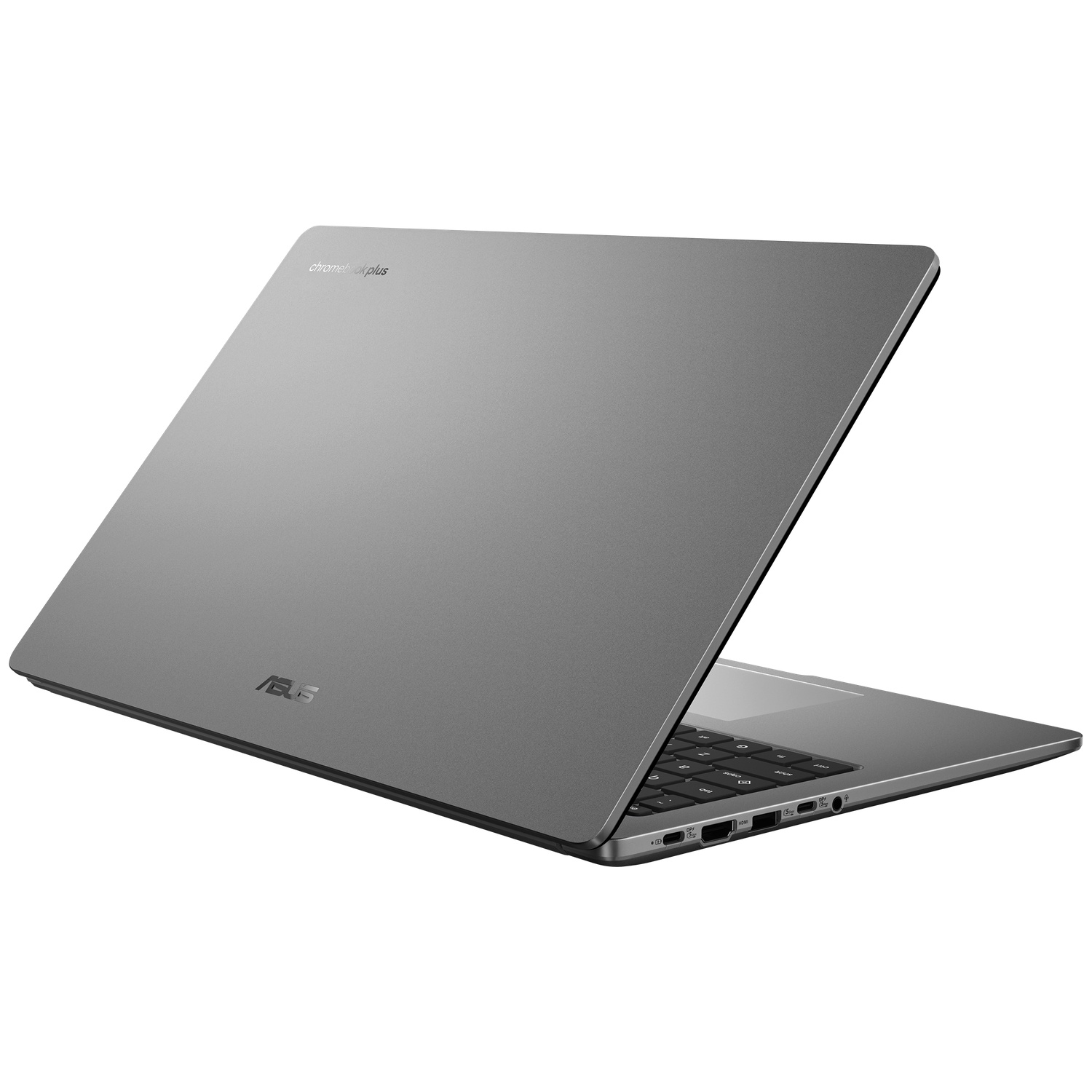 Grijze Asus Chromebook Plus laptop, gedeeltelijk gesloten, met logo en poorten.