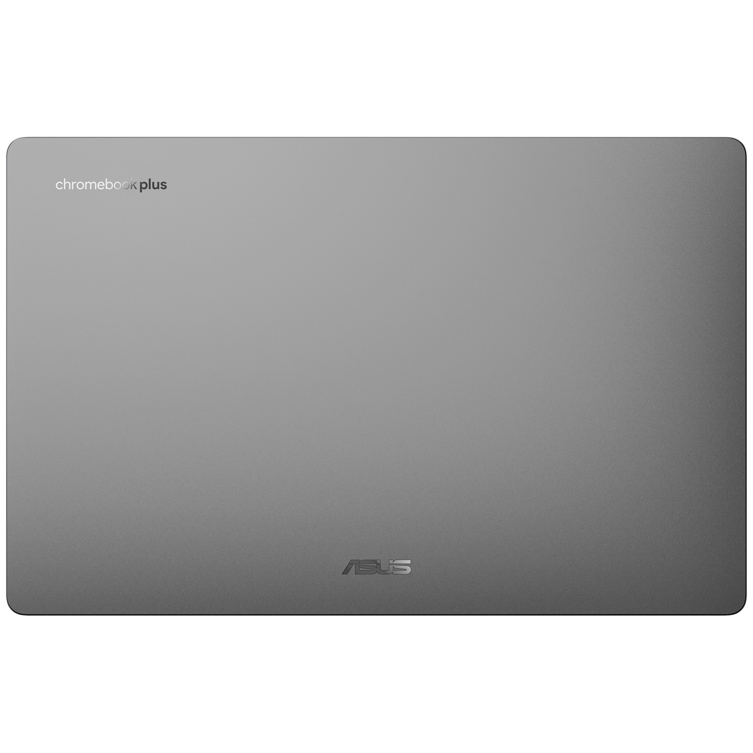 Gesloten grijs ASUS Chromebook Plus-laptop met merklogo's op het deksel.