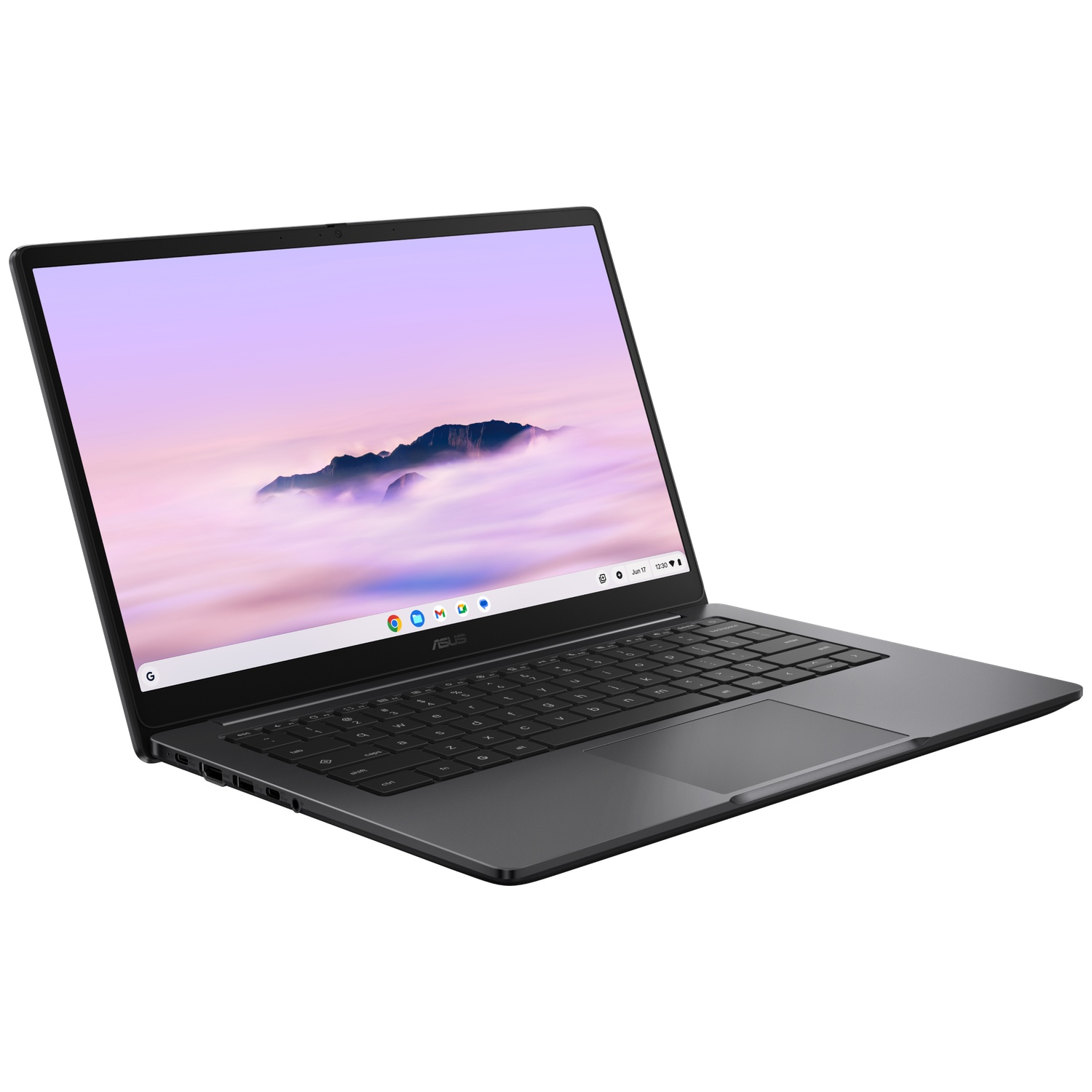 Een zwarte Asus Chromebook-laptop met een kleurrijke achtergrond en open deksel.