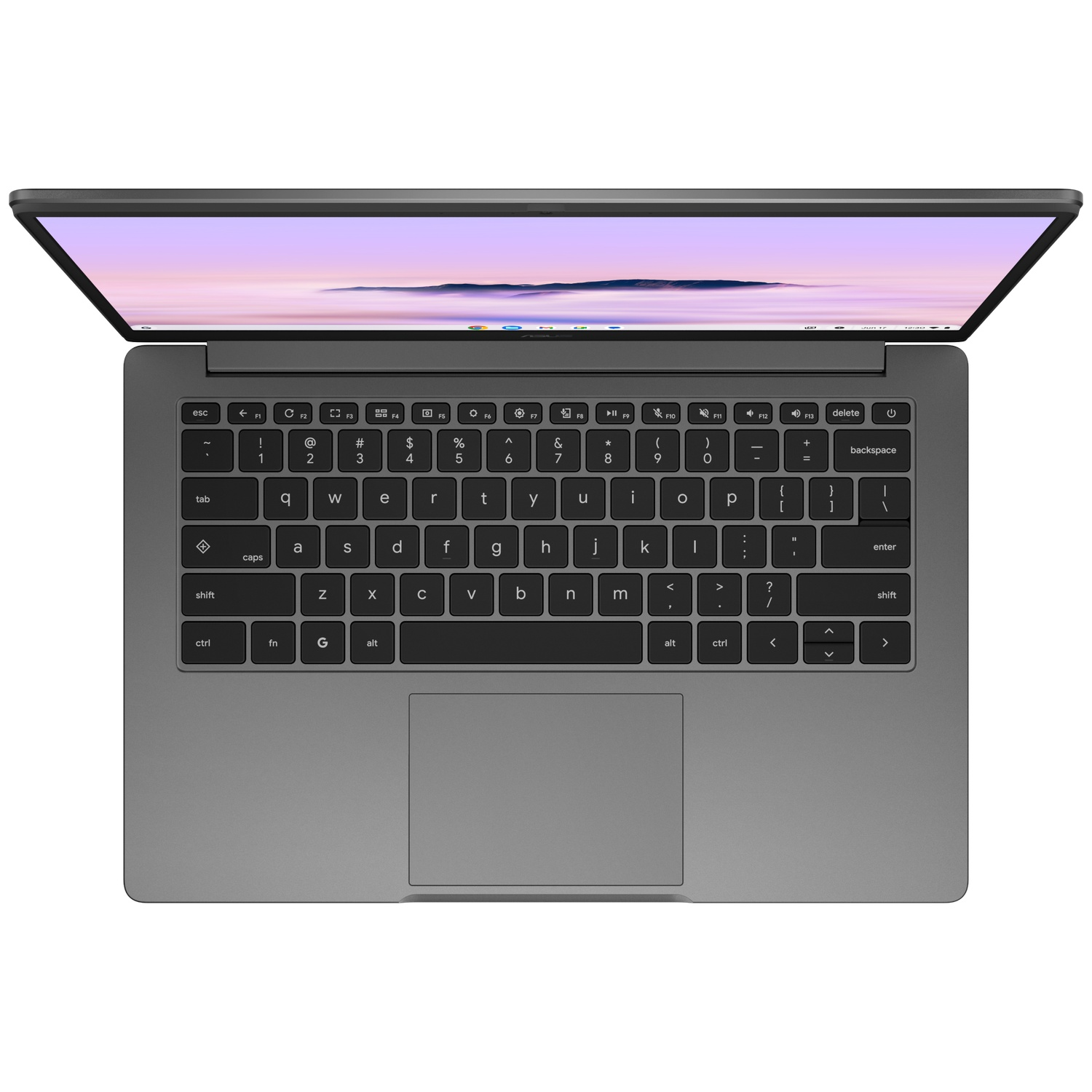 Bovenaanzicht van een open grijze laptop met een ingeschakeld scherm en een QWERTY-toetsenbord.
