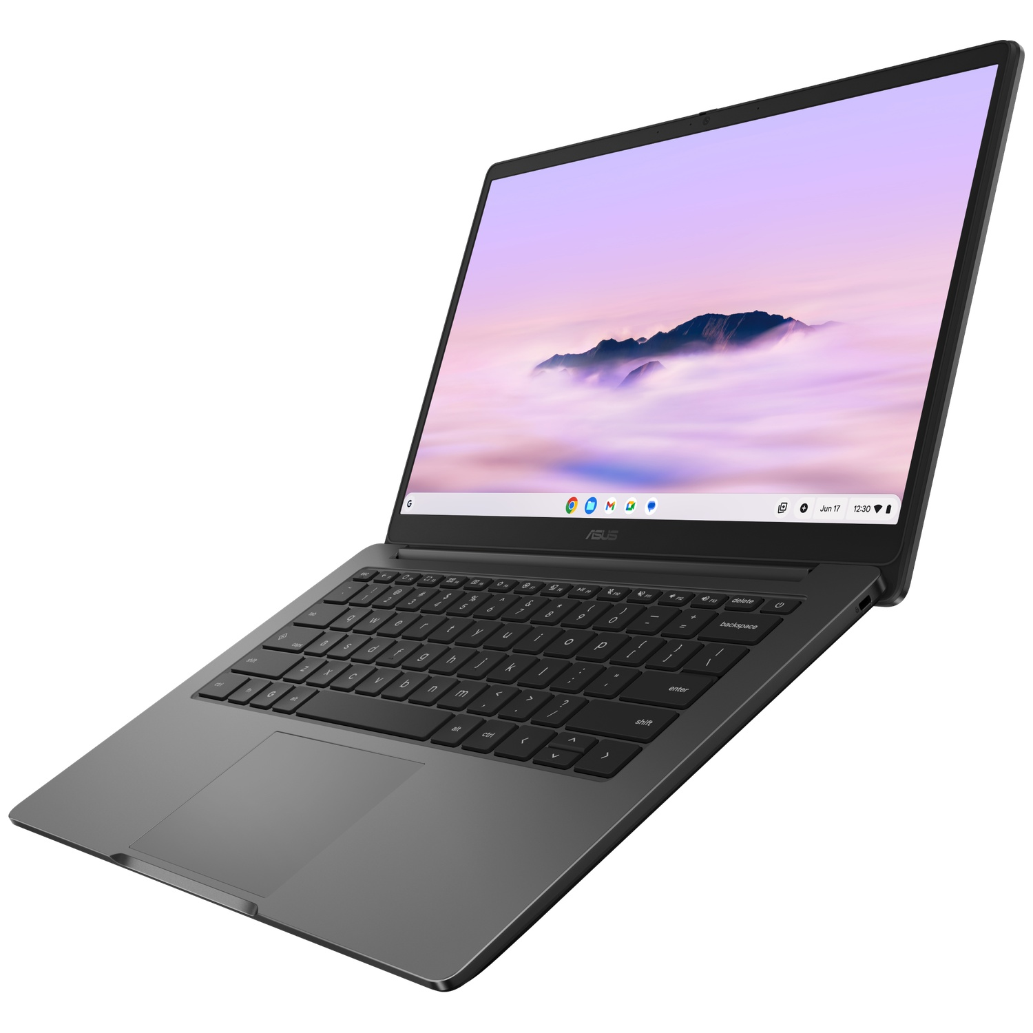 Een grijze ASUS-laptop met een geopend scherm toont een achtergrond van wolken.