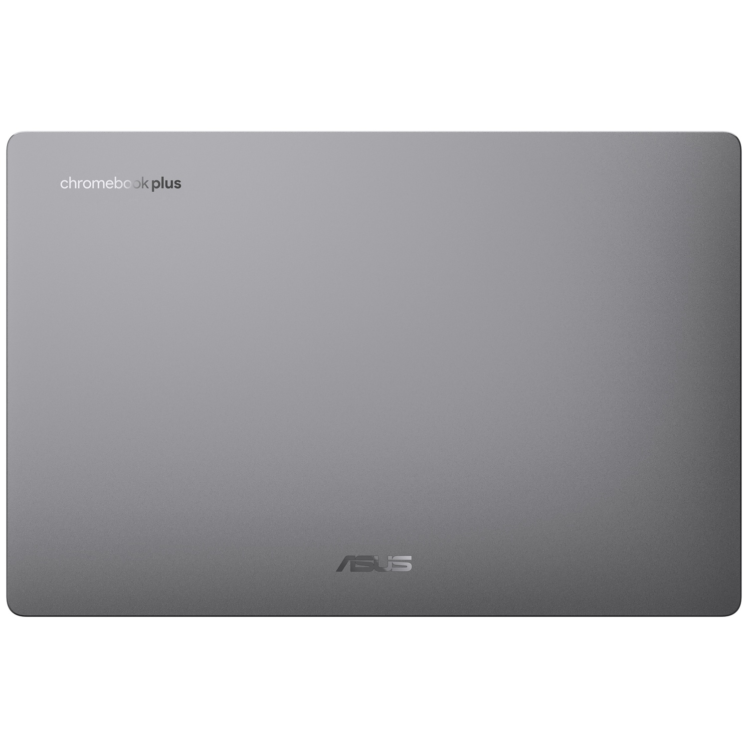 Het gesloten, grijze deksel van een Asus Chromebook Plus-laptop met merklogo's.
