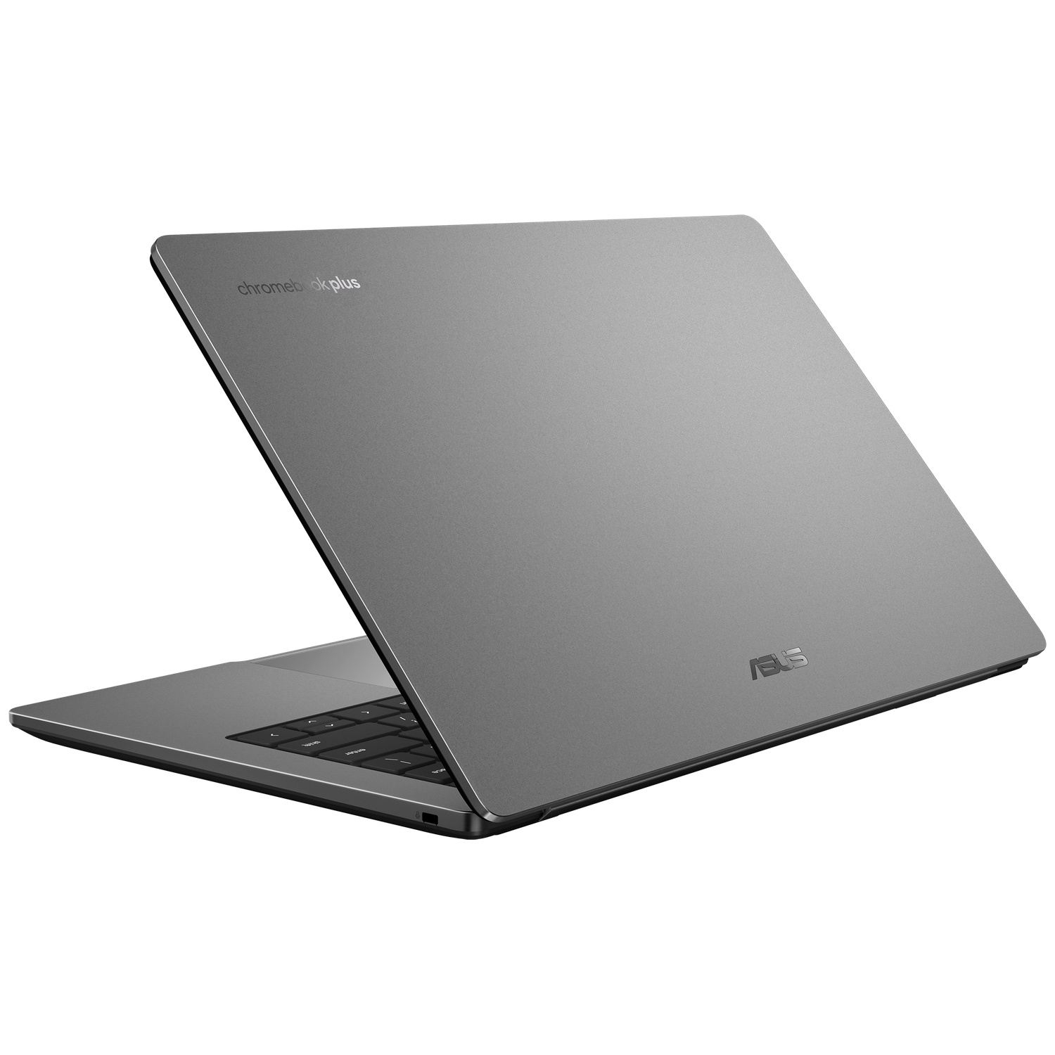 Grijze Asus Chromebook Plus laptop getoond in halfopen positie tegen een witte achtergrond.