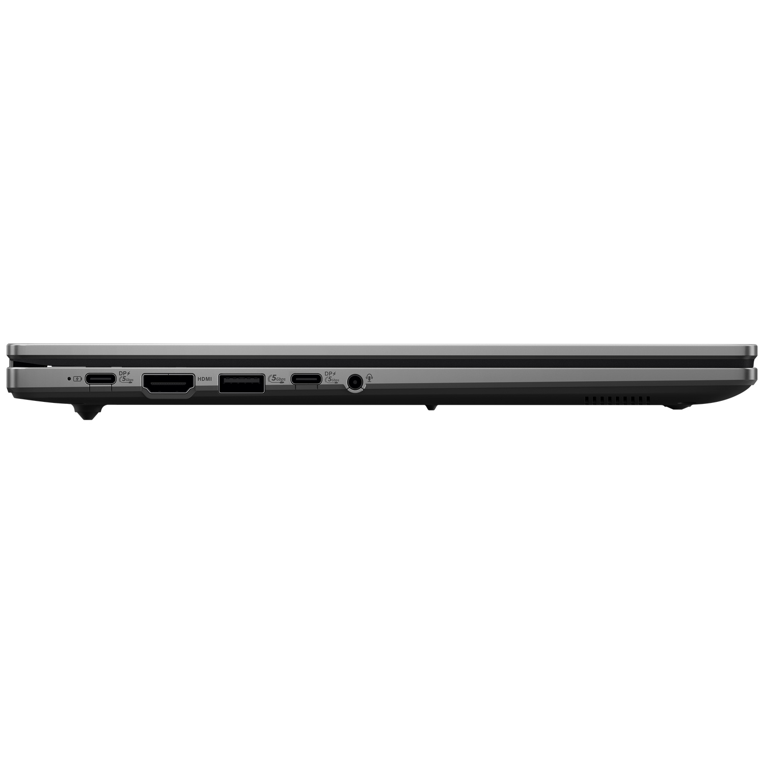 Zijaanzicht van een gesloten laptop met diverse poorten zoals USB-C, HDMI en audio.
