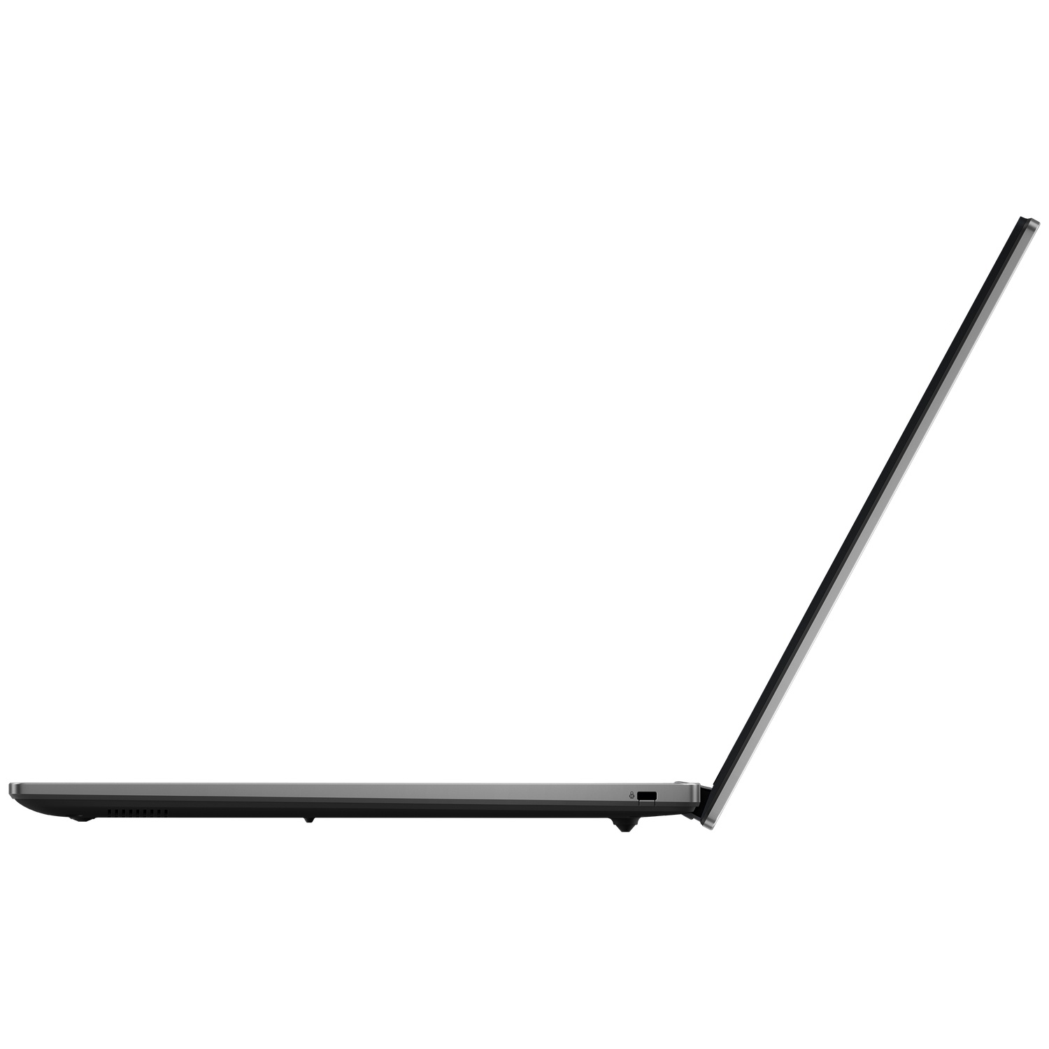 Zijaanzicht van een donkere laptop die openstaat tegen een witte achtergrond.