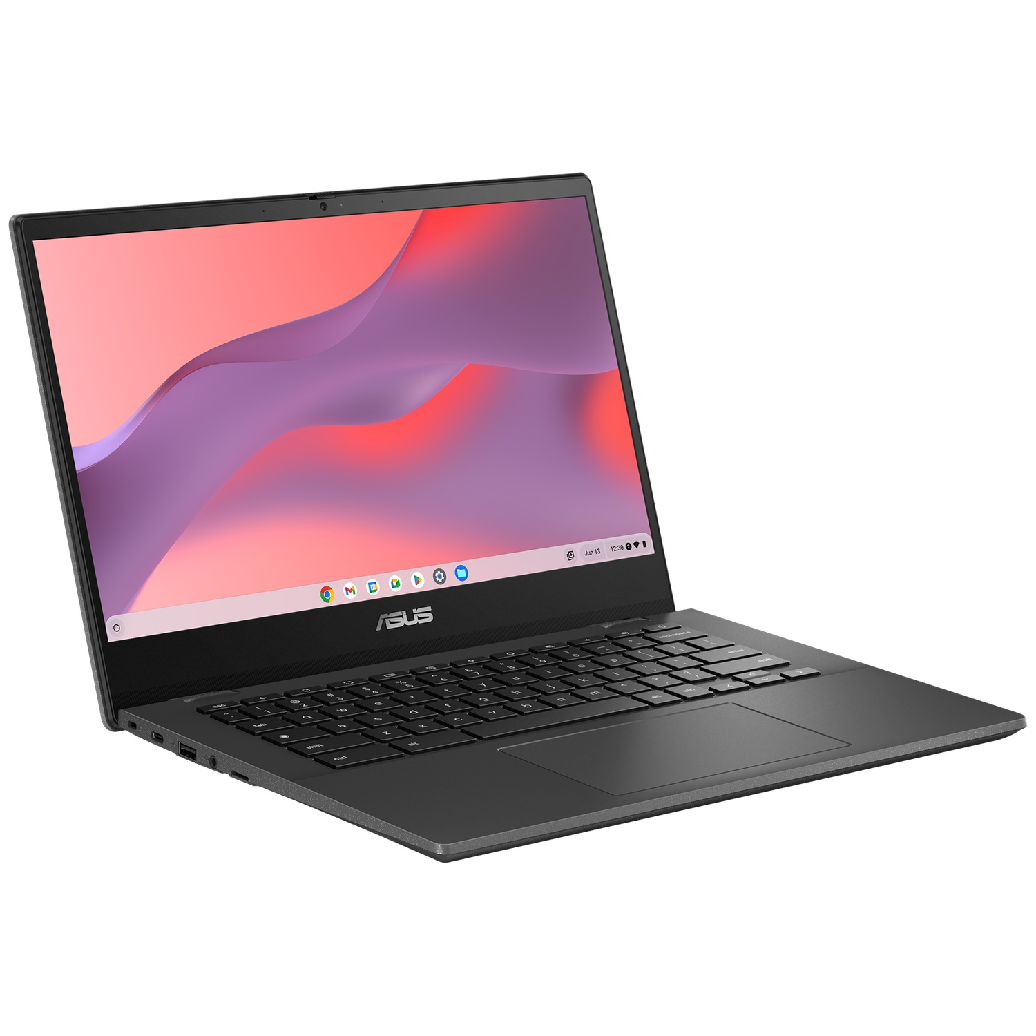 Un ordinateur portable Asus noir affichant un fond d'écran rouge et violet sur fond clair.