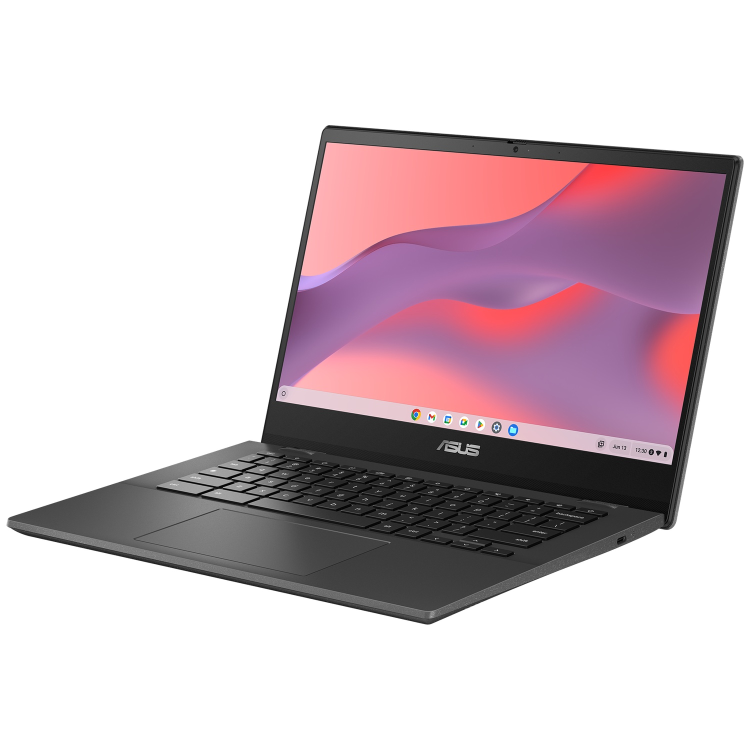 Un ordinateur portable ASUS Chromebook noir avec une image de fond abstraite et colorée sur l'écran, sur fond blanc.