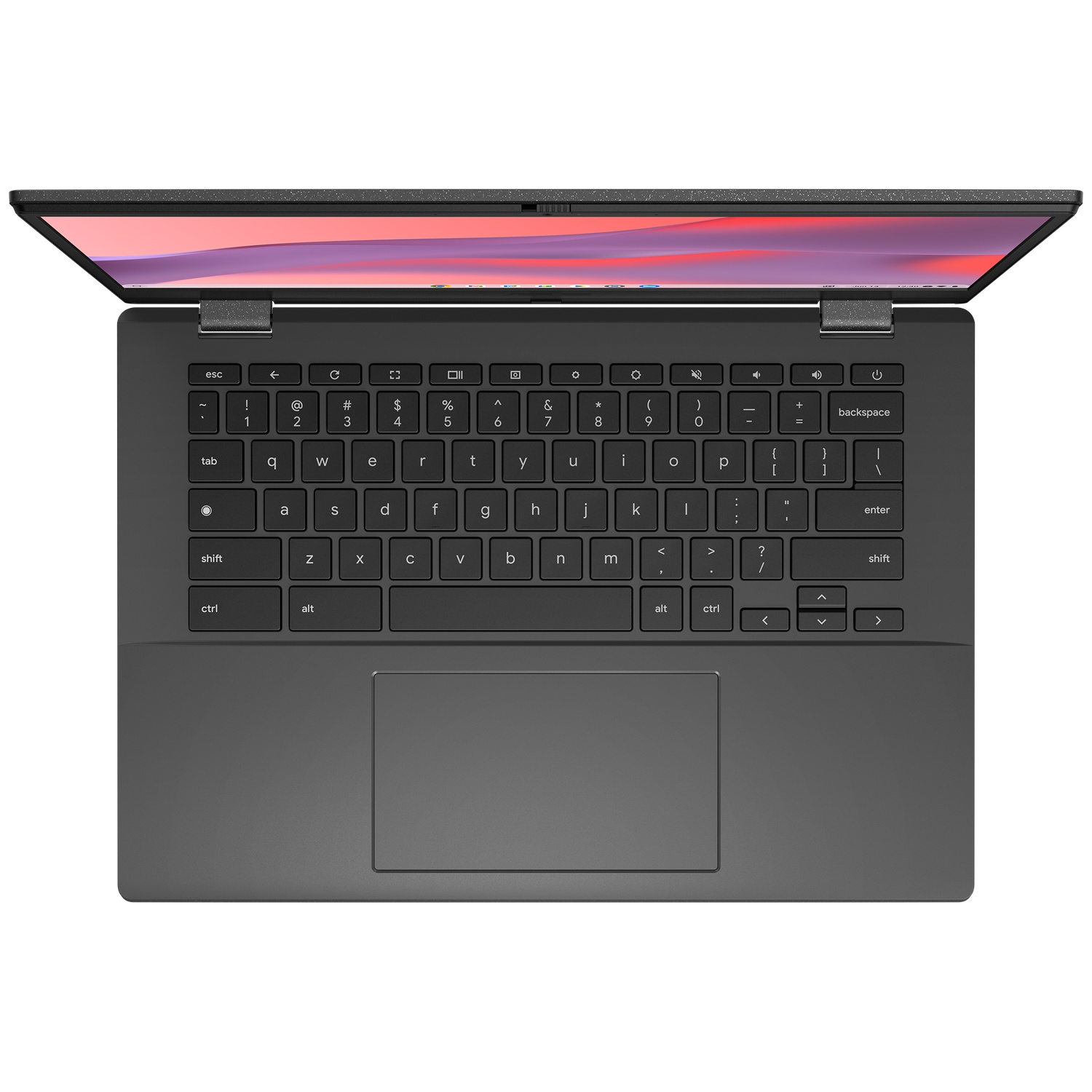 Vue de dessus d'un ordinateur portable sombre avec un clavier noir et un écran coloré.