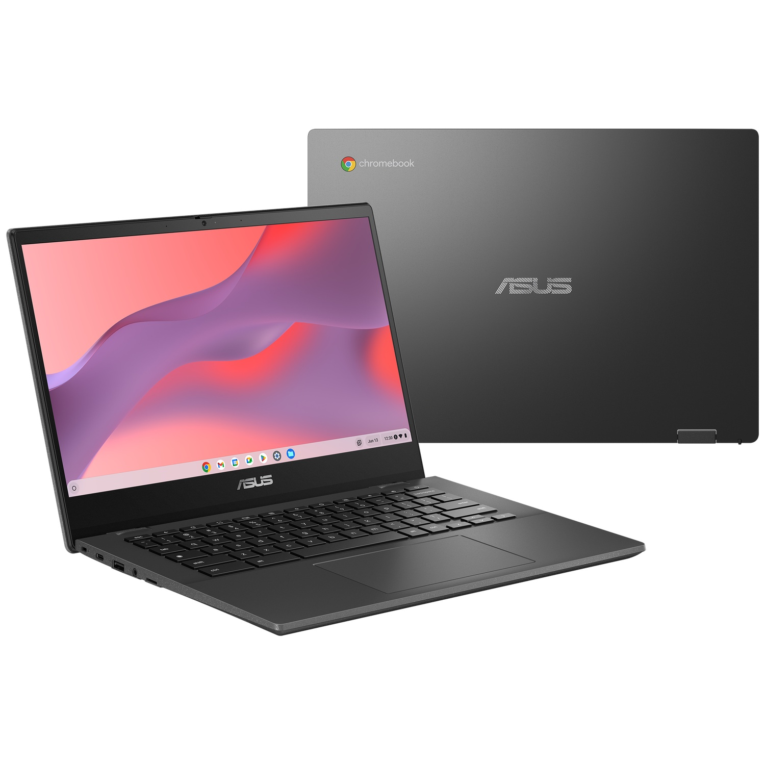 Un ordinateur portable ASUS Chromebook gris foncé est ouvert de face et fermé de dos sur fond blanc.