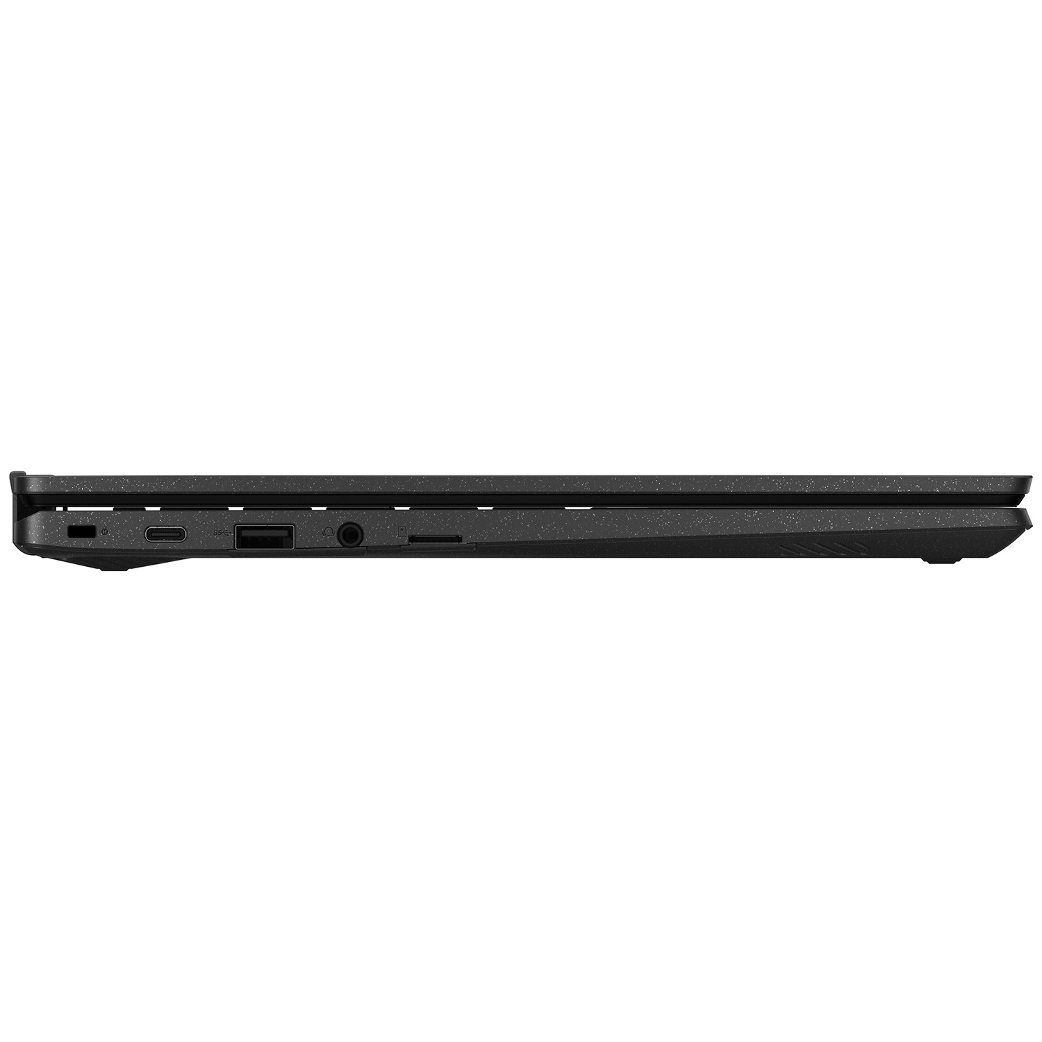 Vue latérale d'un ordinateur portable sombre fermé avec des ports visibles sur fond blanc.