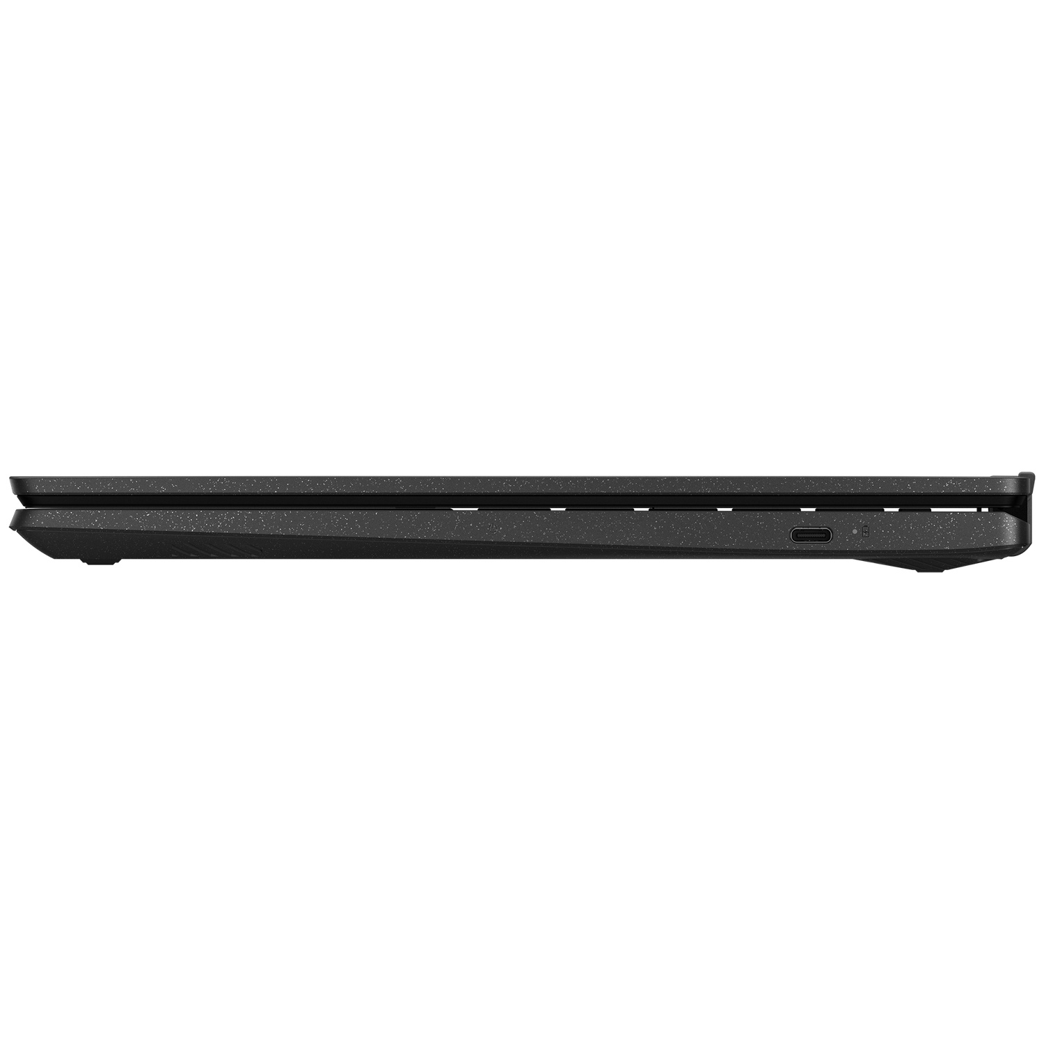 Ordinateur portable noir fermé de profil, montrant une surface mouchetée et un port USB-C.