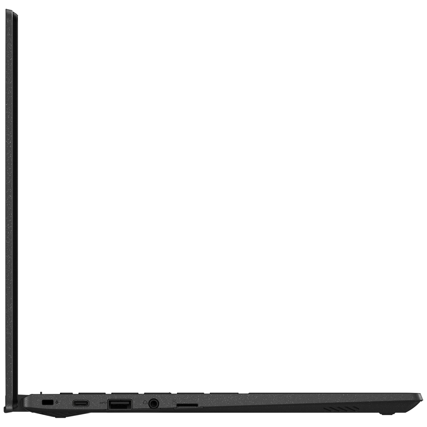 Vue latérale d'un ordinateur portable noir fermé montrant des ports comme USB-C, USB et une prise audio.
