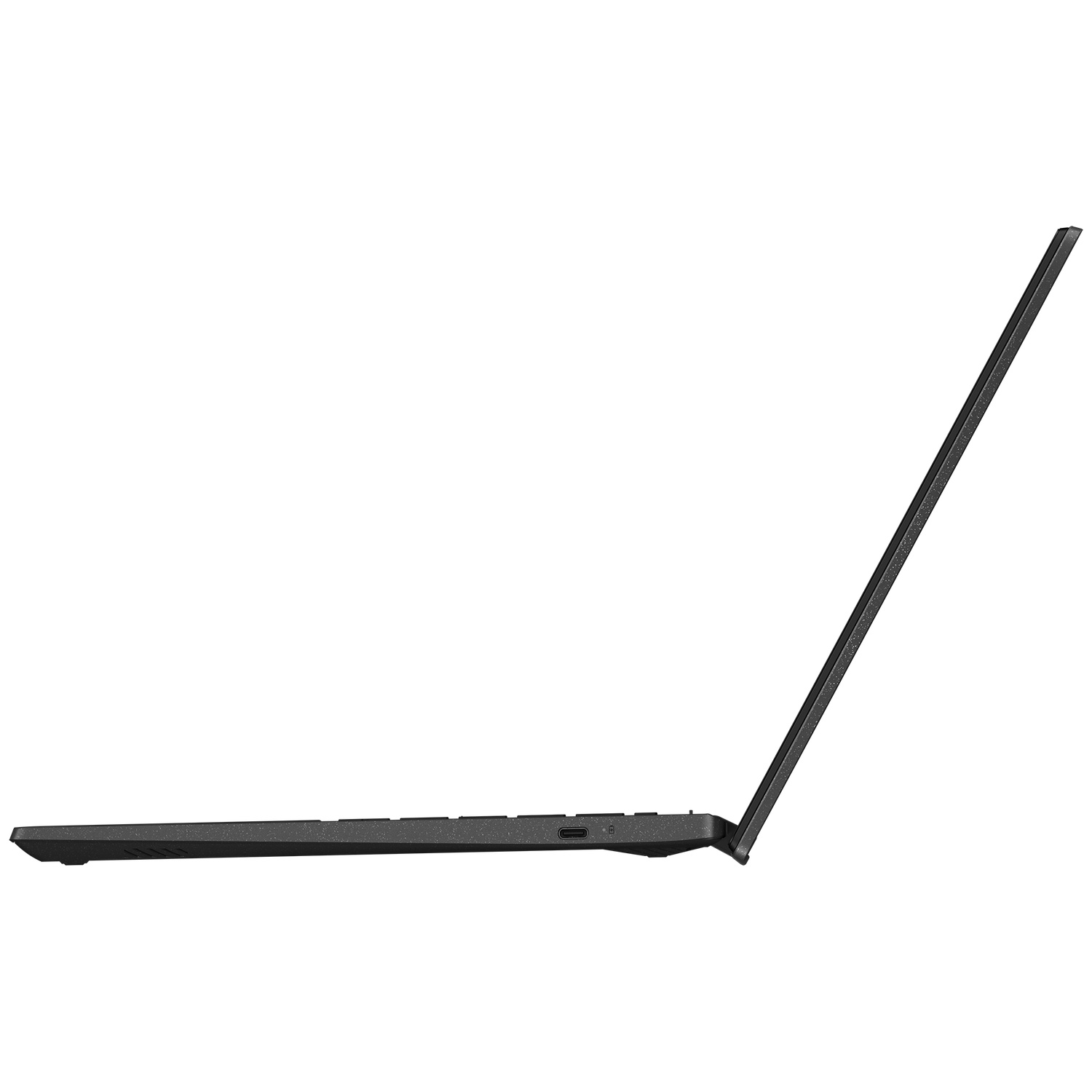 Vue latérale d'un ordinateur portable gris fin sur fond blanc, montrant un port USB-C.