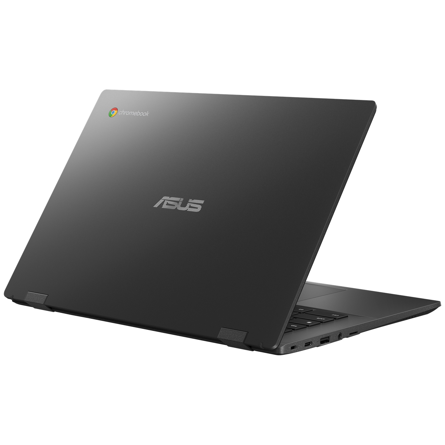 Un ordinateur portable Asus Chromebook noir fermé repose sur une surface blanche.