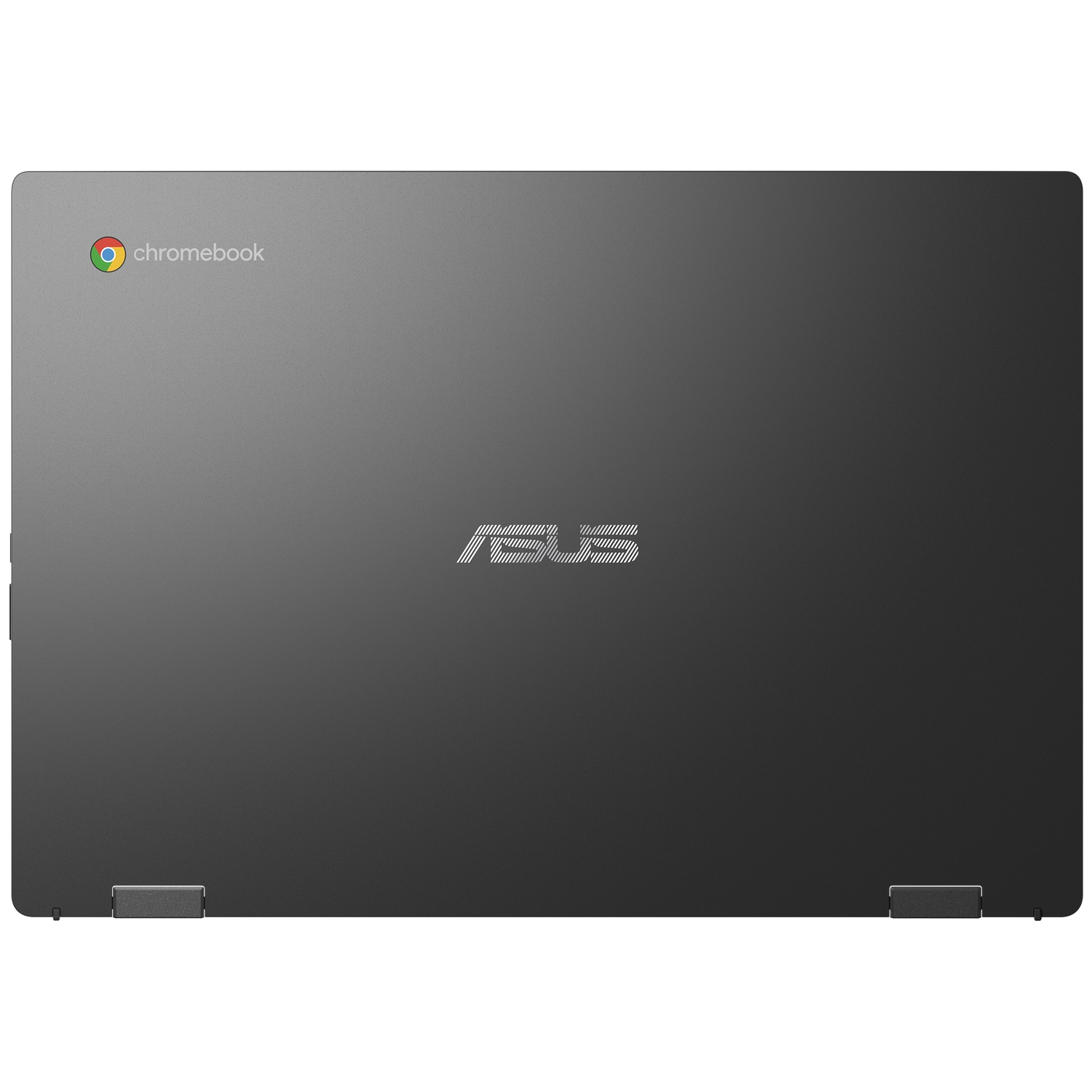 Ordinateur portable Asus Chromebook gris foncé fermé, surface supérieure avec logo Asus et texte Chromebook.
