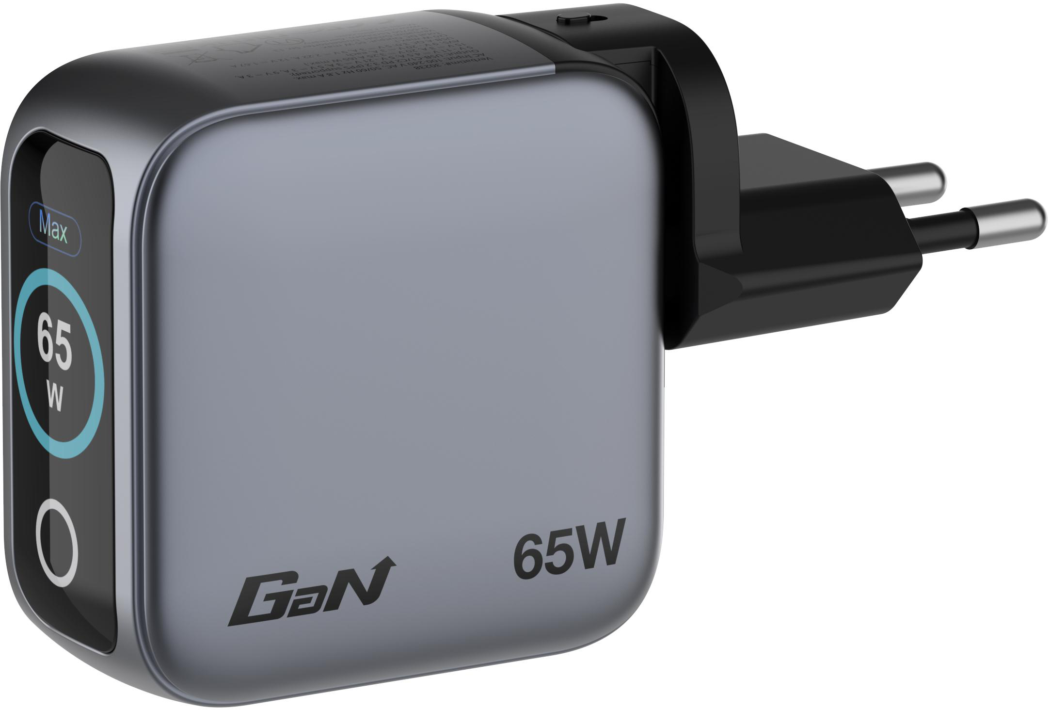 Ein grauer 65W GaN Wandlader mit europäischen Steckern auf weißem Hintergrund.