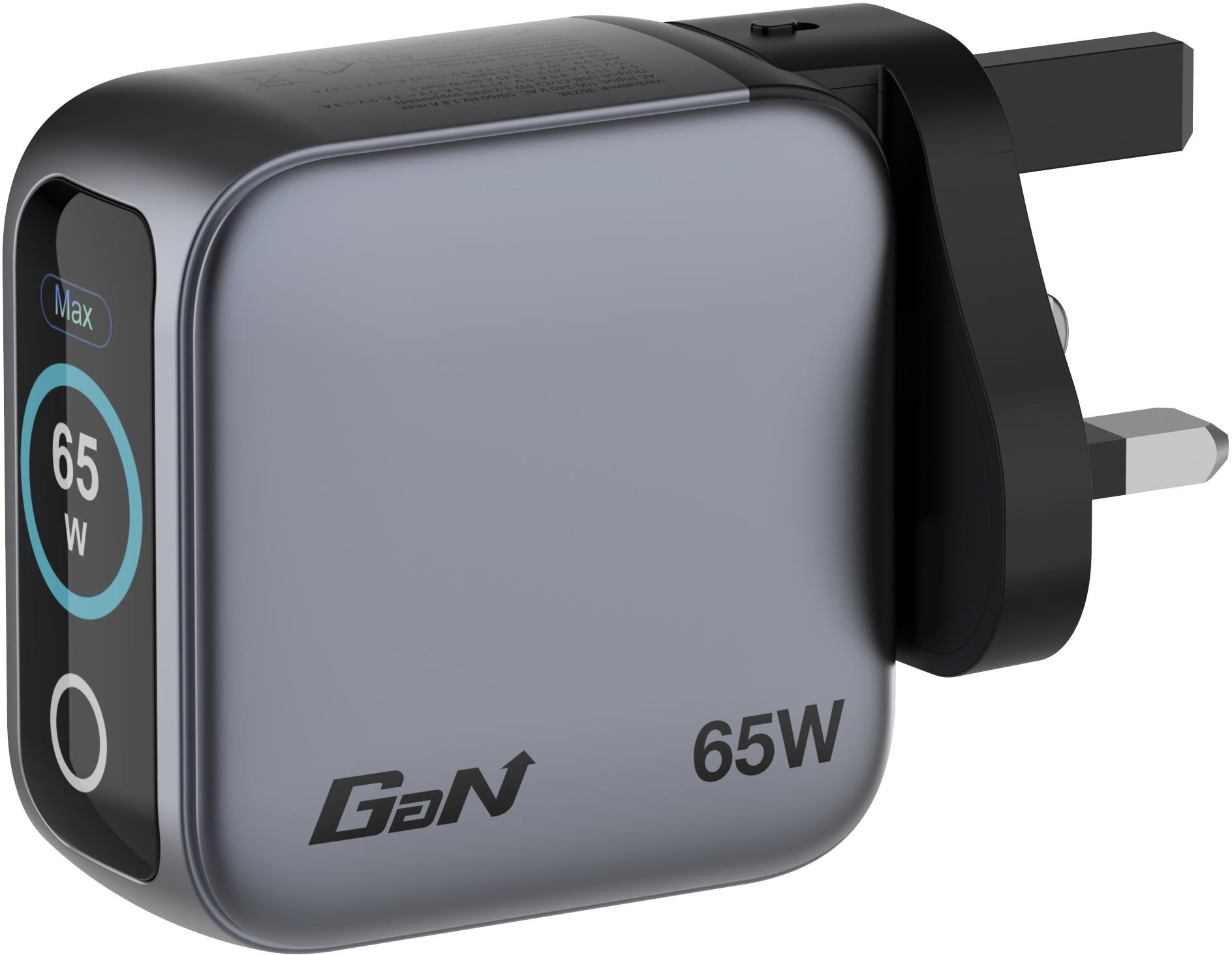 Ein grauer 65W GaN Wandladegerät mit britischem Stecker und digitalem Display.