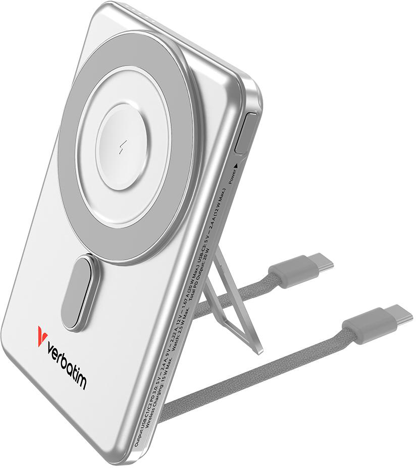 Ein silbernes kabelloses Verbatim-Ladegerät mit Ständer und angeschlossenem USB-C-Kabel auf weißem Hintergrund.