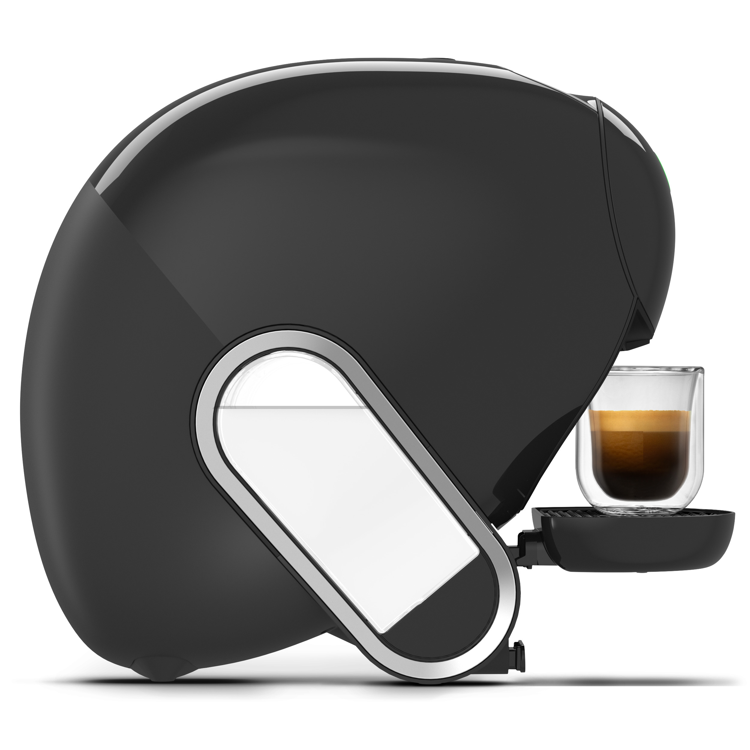 Cafetera negra moderna con diseño redondeado, depósito de agua lateral y una taza de espresso de cristal.