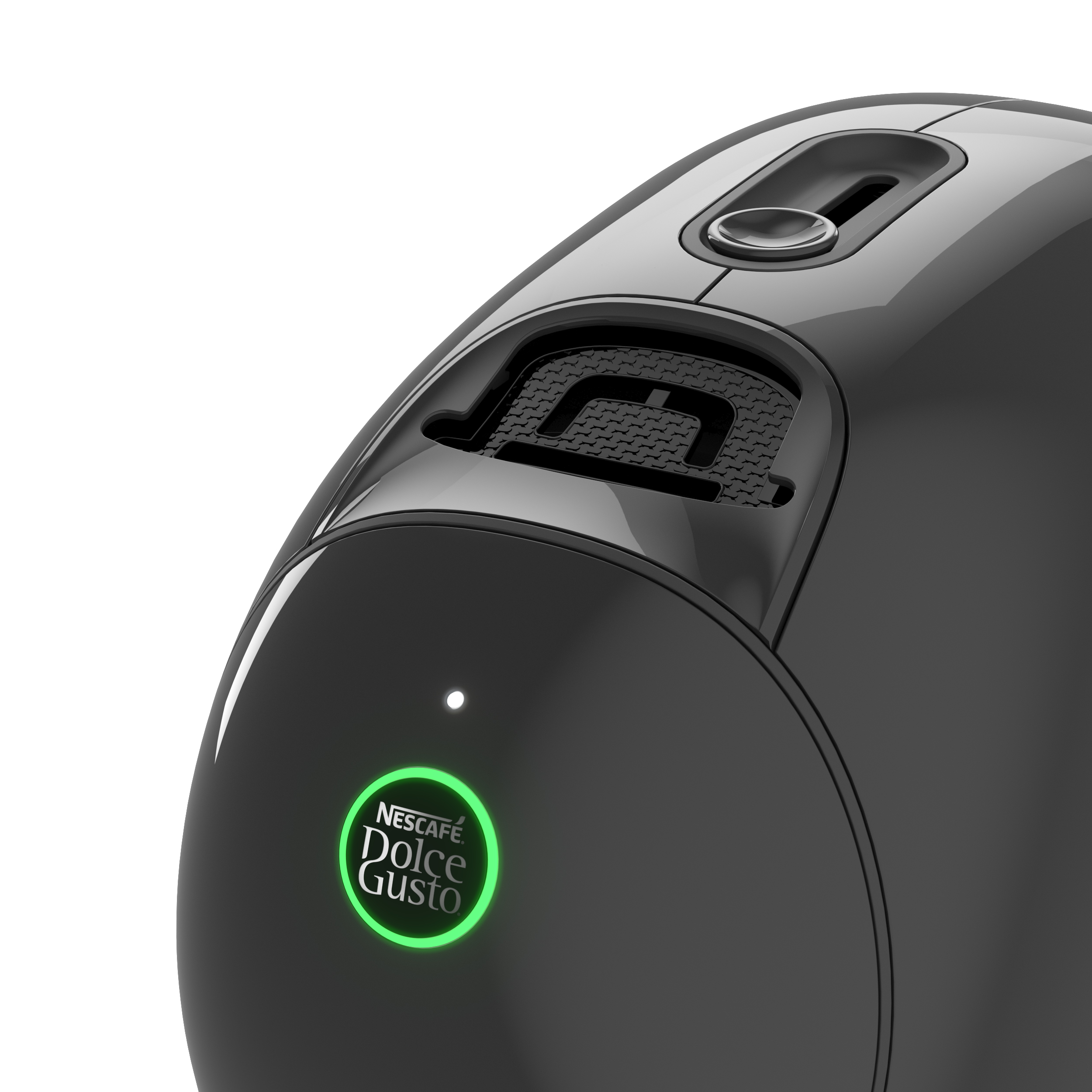 Cafetera Dolce Gusto negra con logotipo verde brillante.