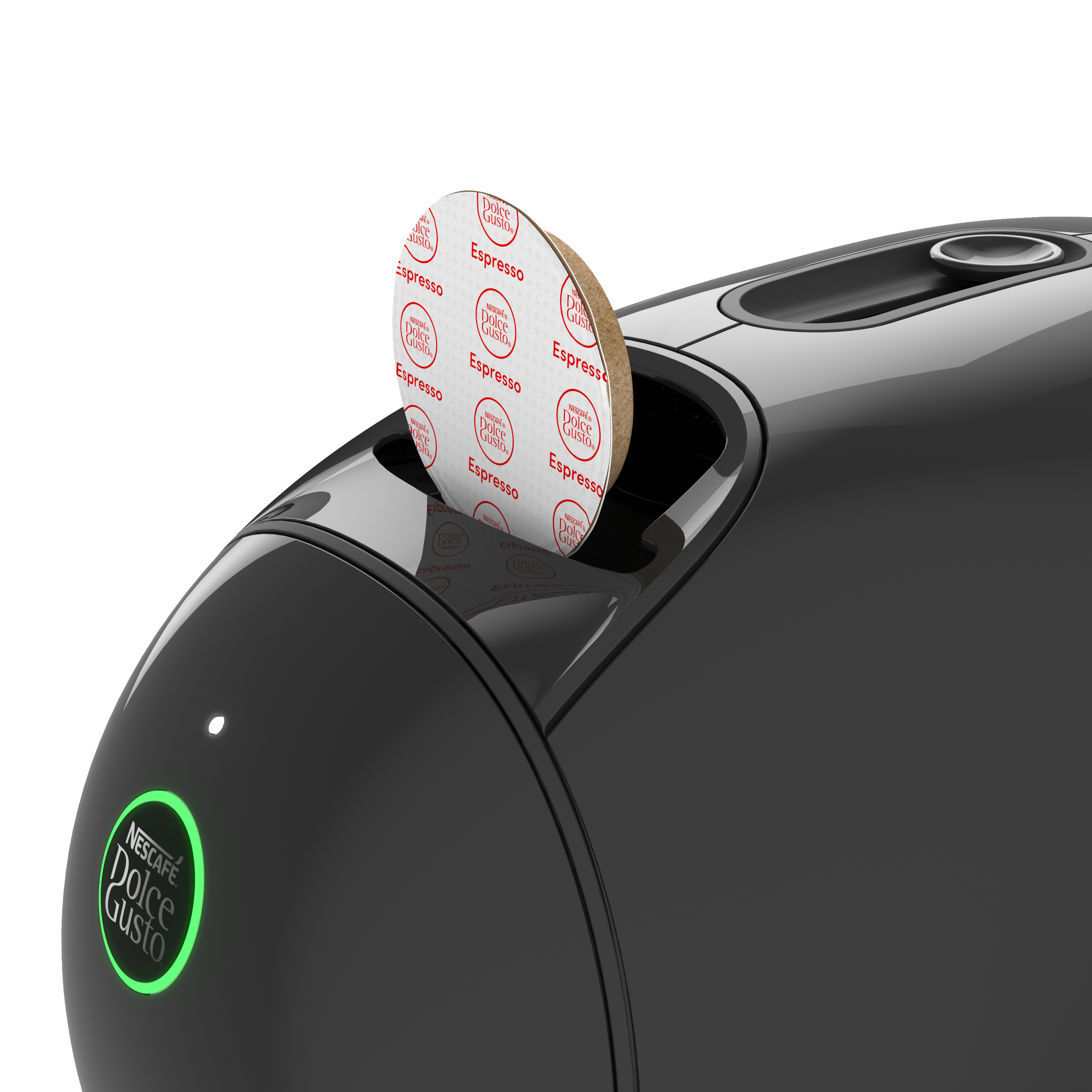 Se está insertando una cápsula de café Dolce Gusto en una cafetera negra.