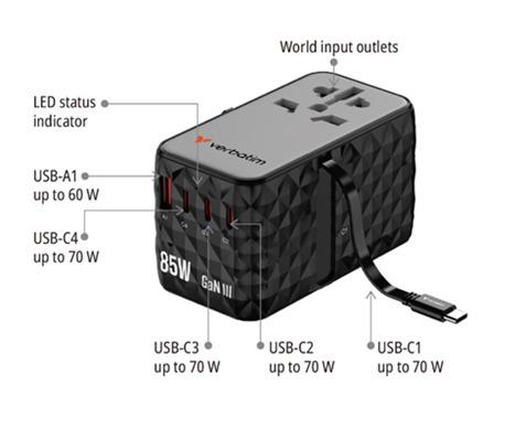 Ein schwarzer Univers Reiseadapter mit mehreren USB-Anschlüssen und Beschriftungen für Funktionen wie LED und Steckdosen.