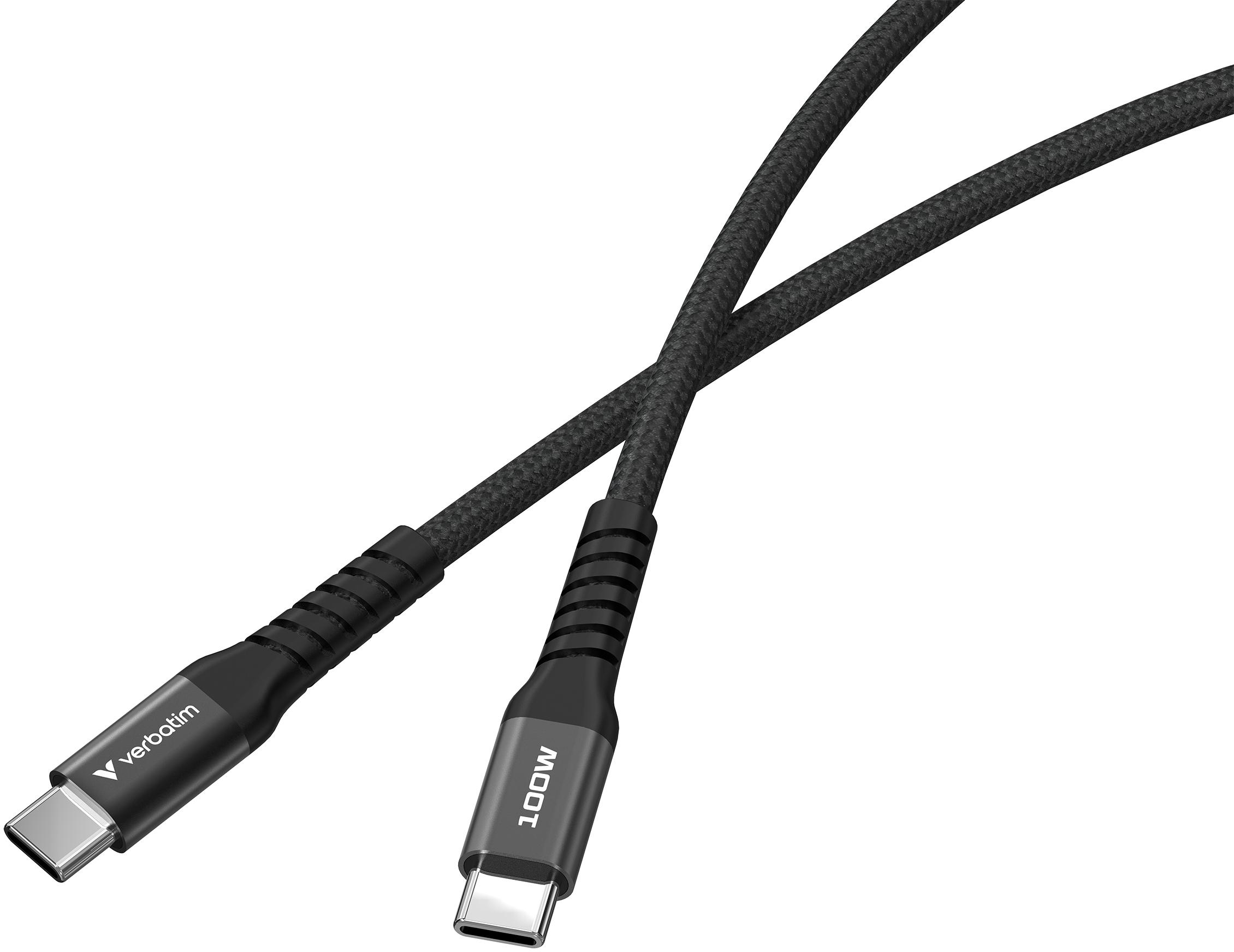 Zwei geflochtene schwarze USB-C-Kabel mit Verbatim-Logo und 100W-Aufschrift auf grauem Hintergrund.