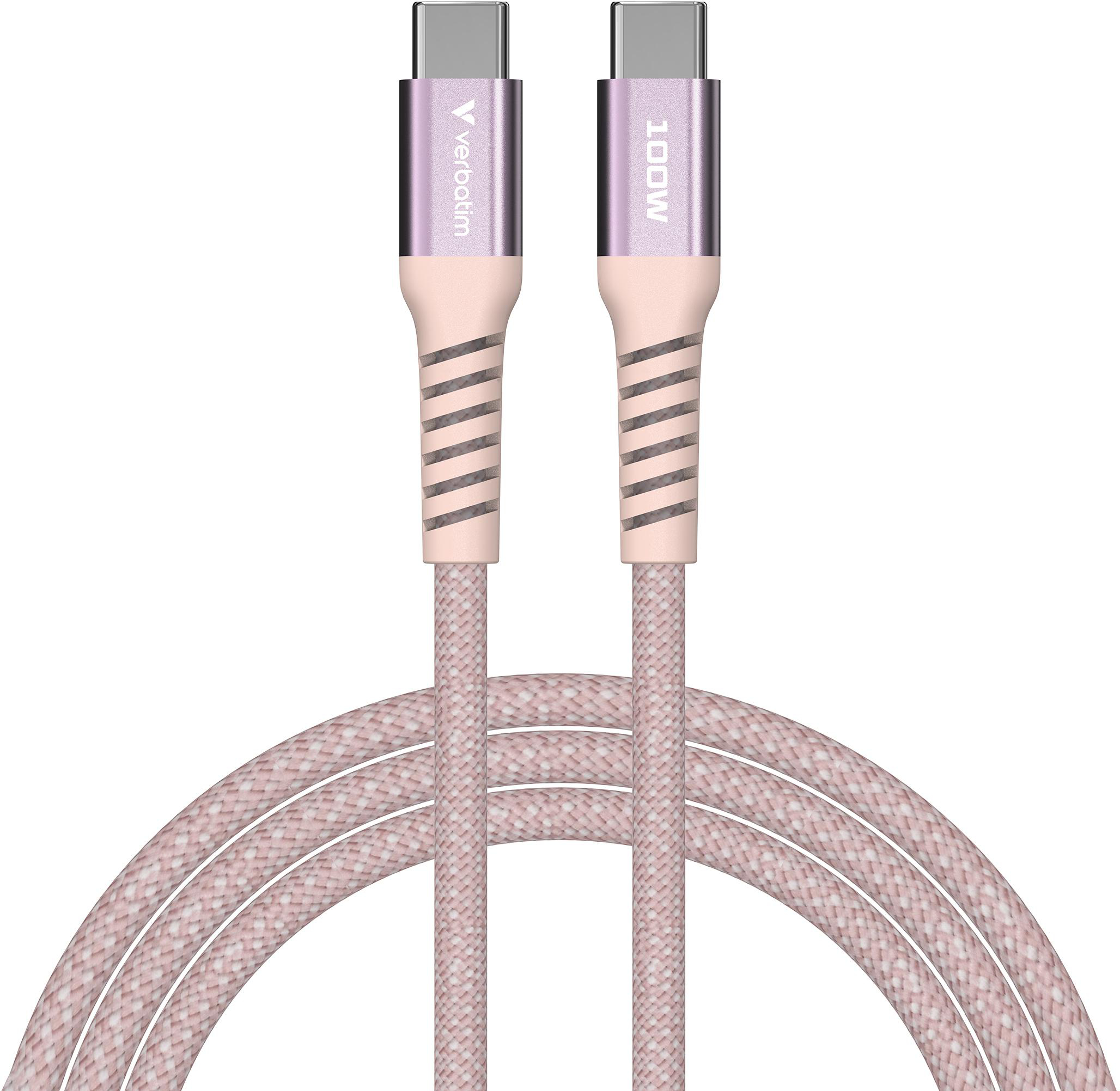 Zwei rosa geflochtene USB-C-Kabel mit silbernen Steckern, eines mit Verbatim-Logo.