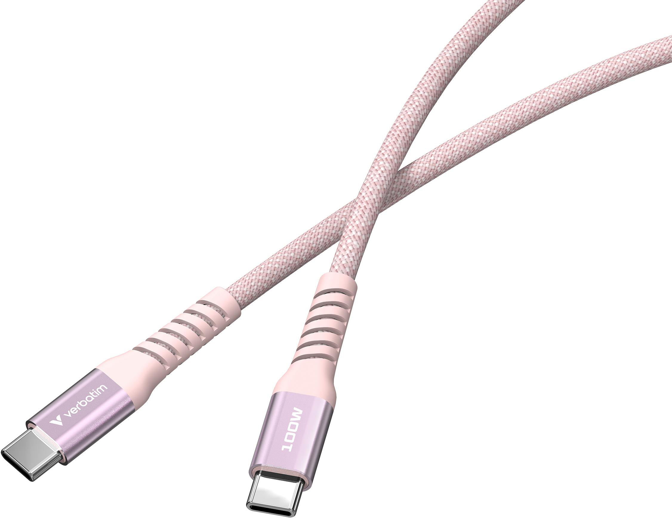 Ein rosafarbenes geflochtenes USB-C zu USB-C Ladekabel mit 100W Aufschrift.