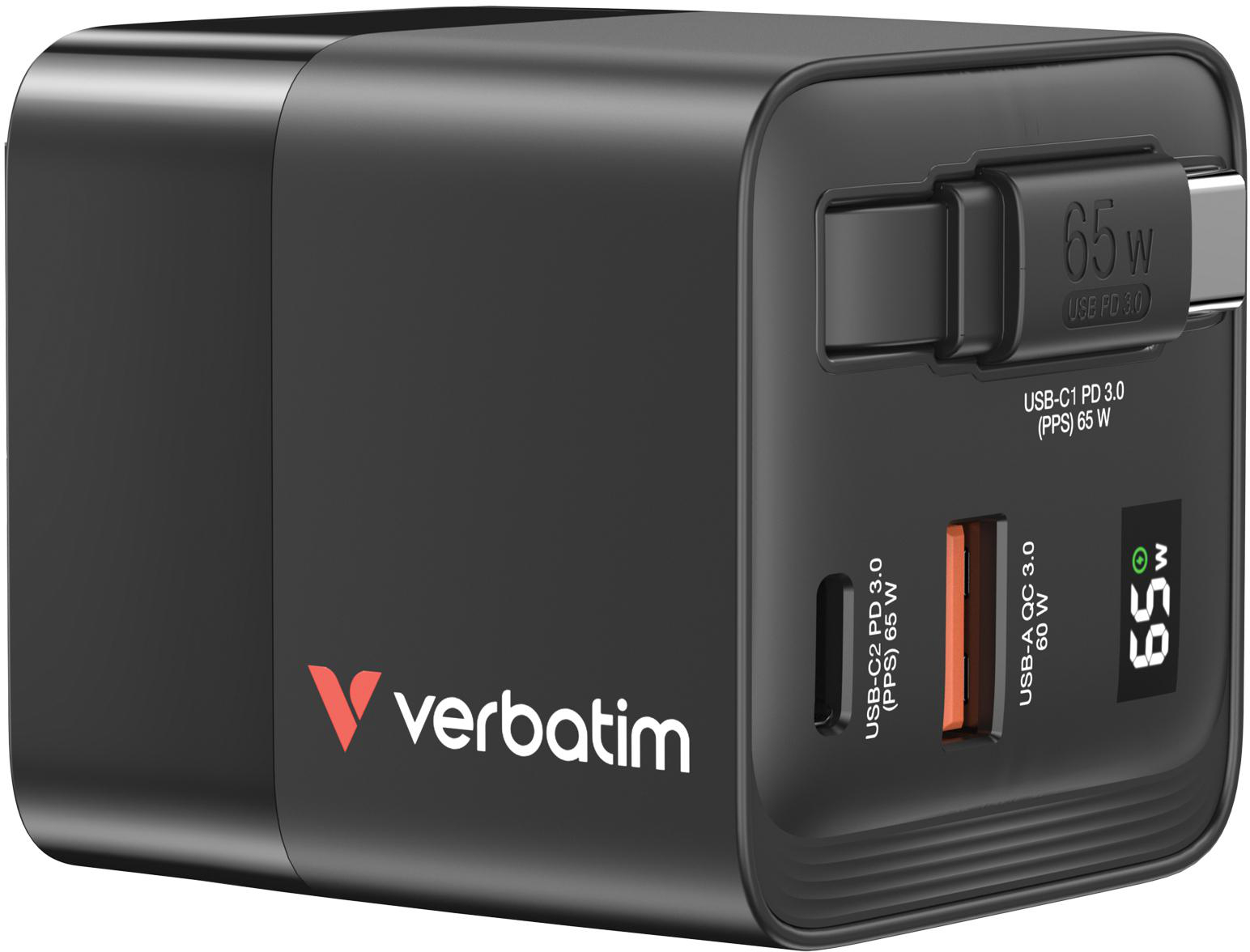 Ein schwarzes Verbatim USB-Wandladegerät mit mehreren Anschlüssen, darunter USB-C und USB-A, beschriftet mit 65W und 60W.