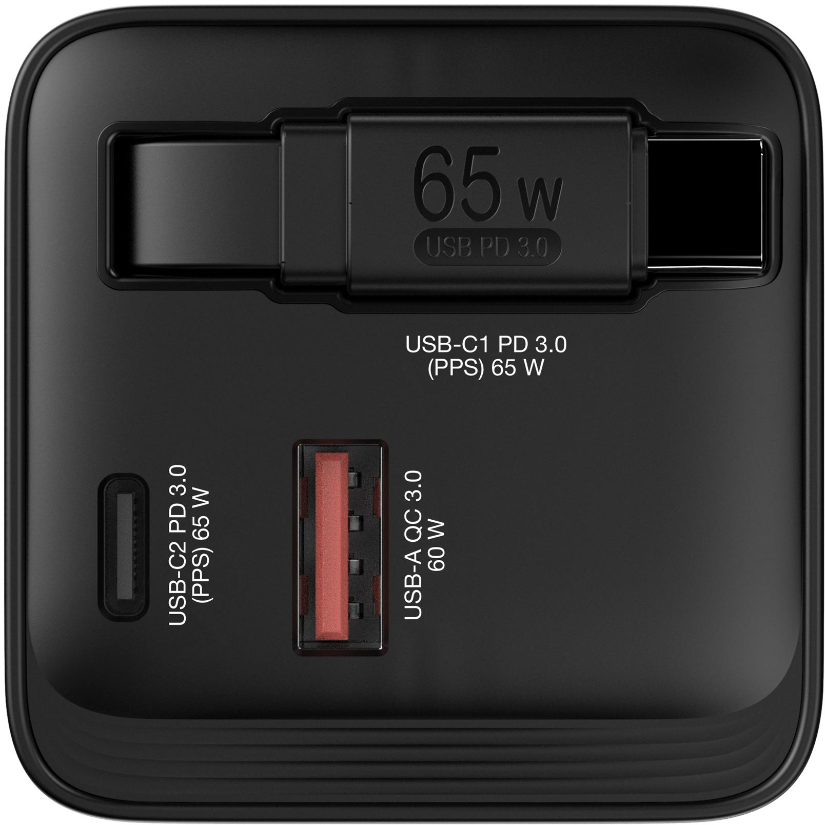 Schwarzer USB-Ladegerät mit einem USB-C- und einem USB-A-Anschluss sowie Beschriftungen für 65W und 60W.