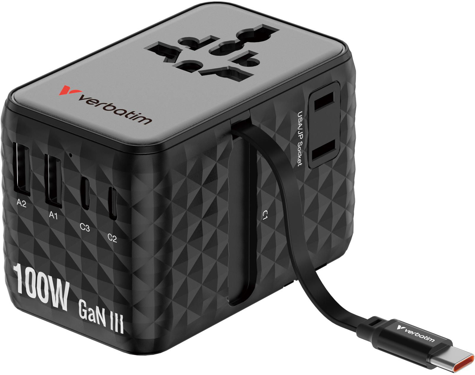 Schwarzer Verbatim 100W GaN III Reiseadapter mit mehreren USB-Ports und integriertem Kabel.